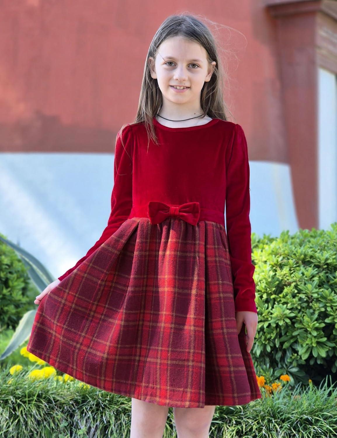 imageArshiner Girls Dresses Long Sleeve Velvet Plaid Patchwork Holiday Party Dress with PocketsRed Plaid