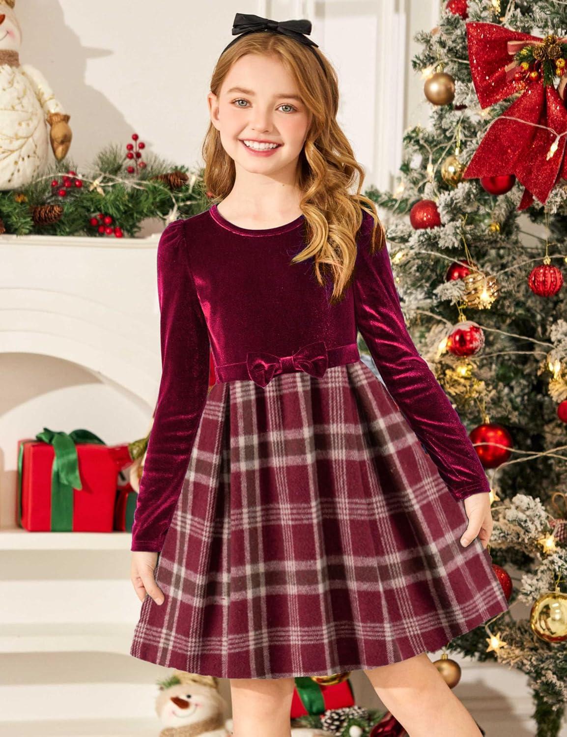 imageArshiner Girls Dresses Long Sleeve Velvet Plaid Patchwork Holiday Party Dress with PocketsRed Wine Plaid