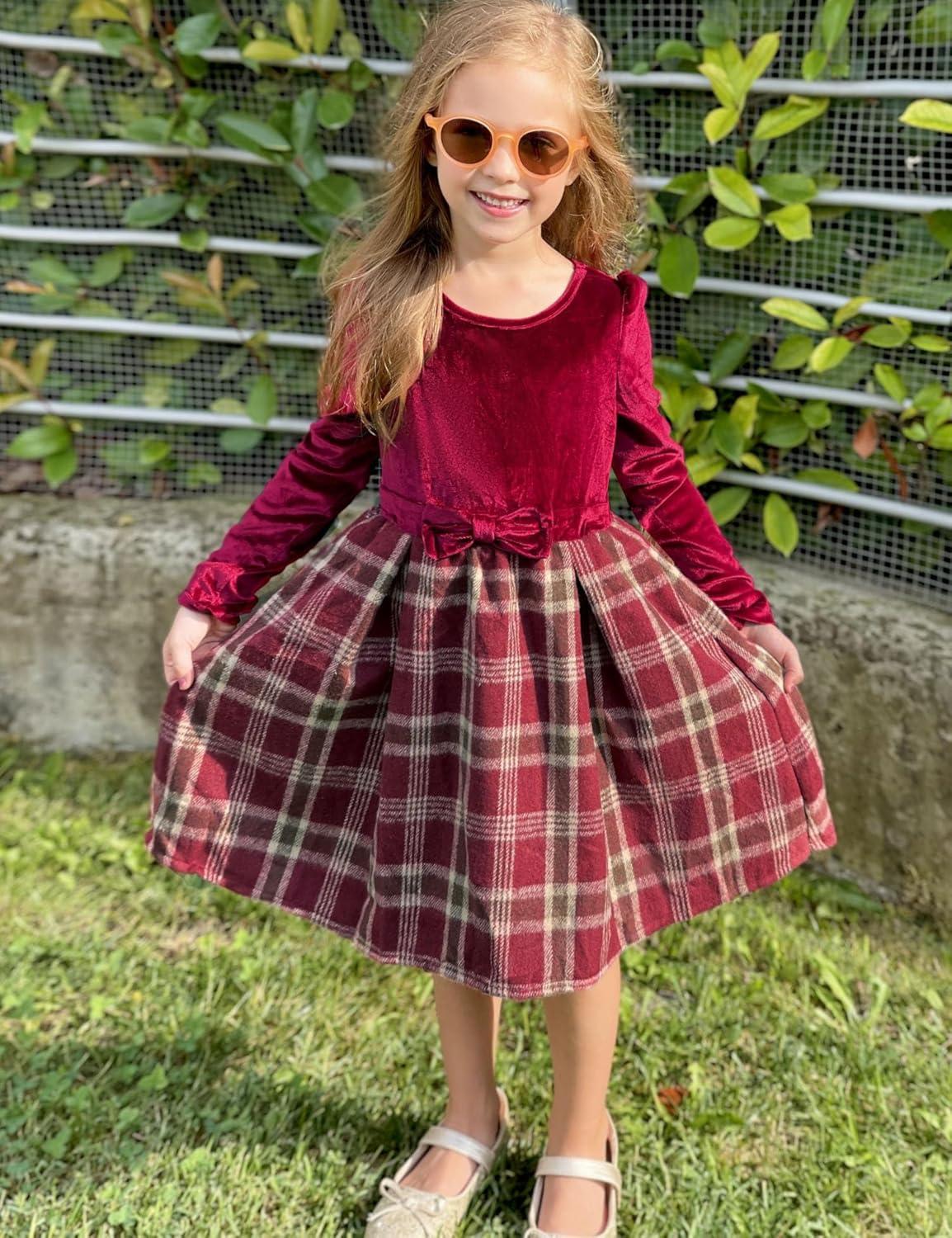 imageArshiner Girls Dresses Long Sleeve Velvet Plaid Patchwork Holiday Party Dress with PocketsRed Wine Plaid