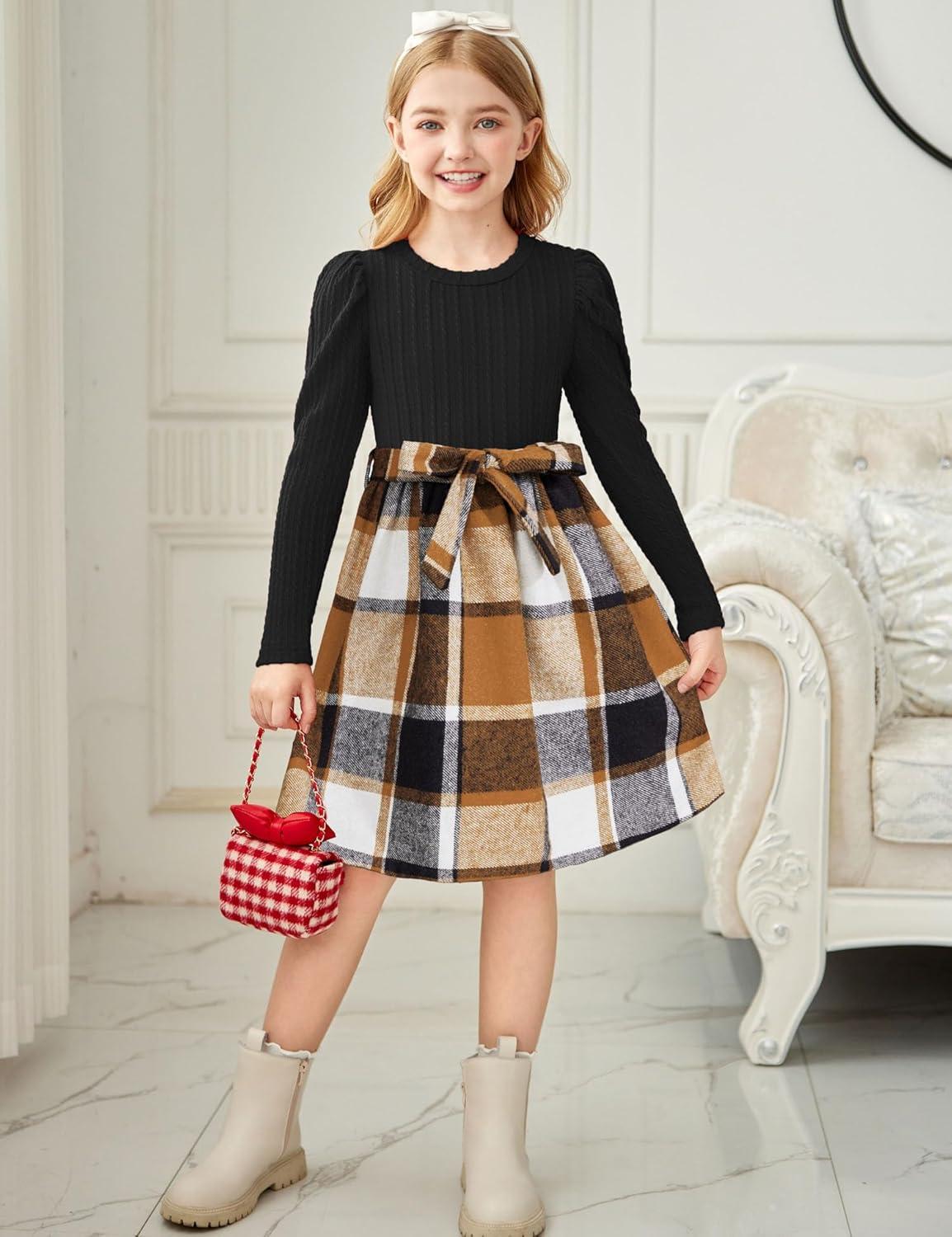 imageArshiner Girls Dresses Puff Long Sleeve Rib Knit Plaid Patchwork Belted Holiday Dress with PocketsBlack Brown Plaid