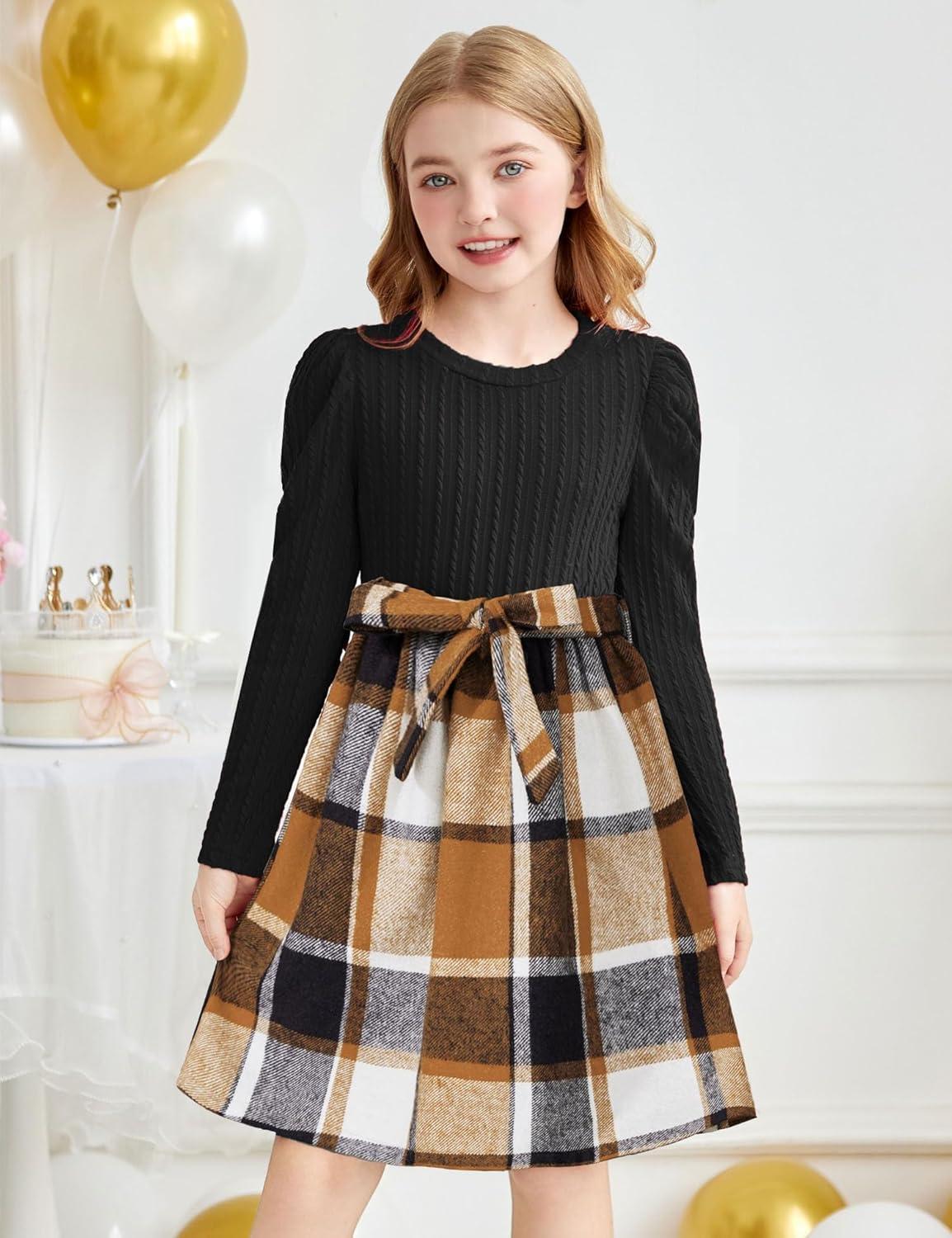 imageArshiner Girls Dresses Puff Long Sleeve Rib Knit Plaid Patchwork Belted Holiday Dress with PocketsBlack Brown Plaid
