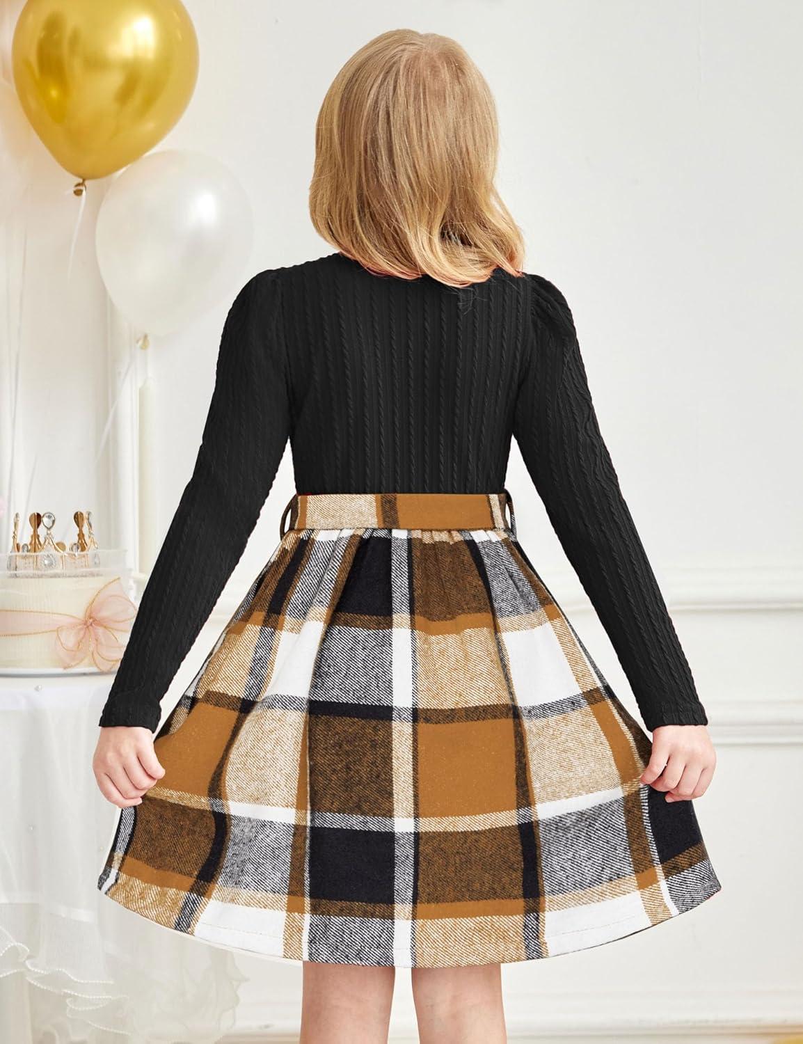imageArshiner Girls Dresses Puff Long Sleeve Rib Knit Plaid Patchwork Belted Holiday Dress with PocketsBlack Brown Plaid