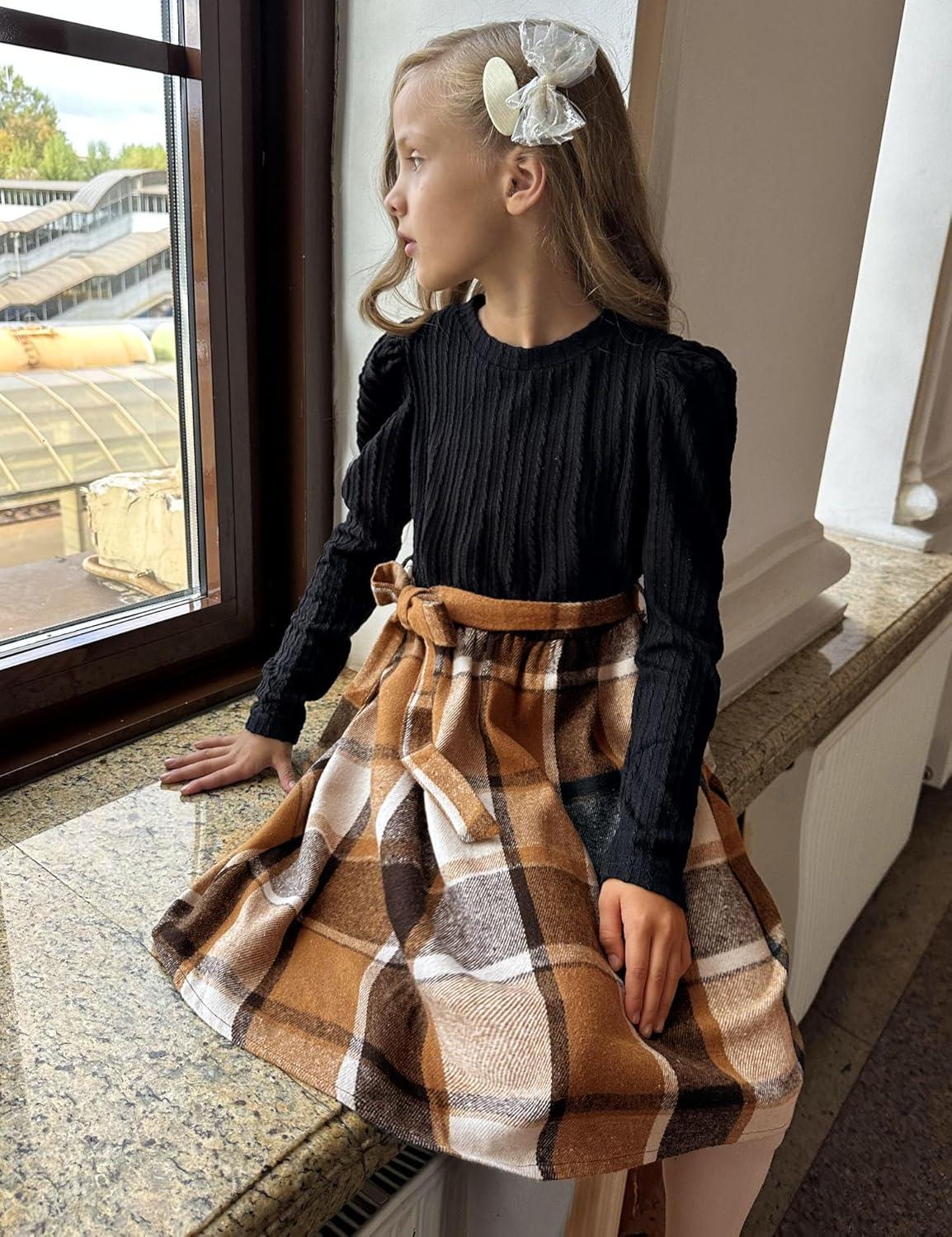imageArshiner Girls Dresses Puff Long Sleeve Rib Knit Plaid Patchwork Belted Holiday Dress with PocketsBlack Brown Plaid