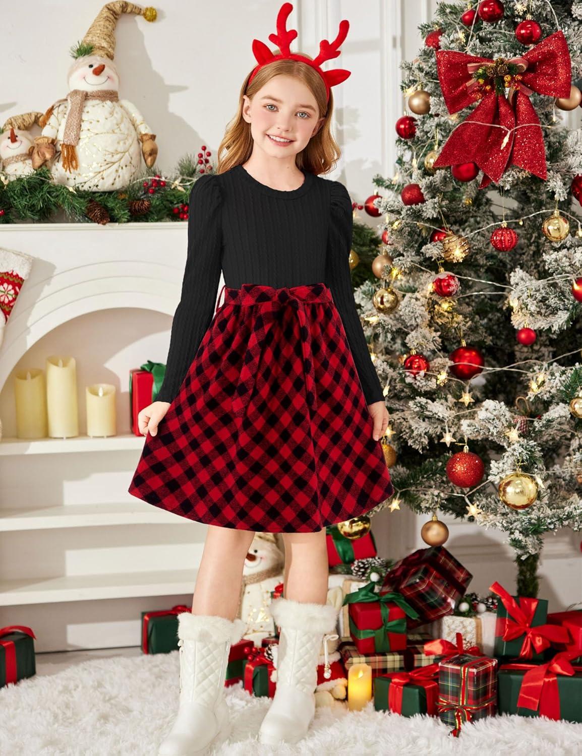 imageArshiner Girls Dresses Puff Long Sleeve Rib Knit Plaid Patchwork Belted Holiday Dress with PocketsBlack Red Plaid