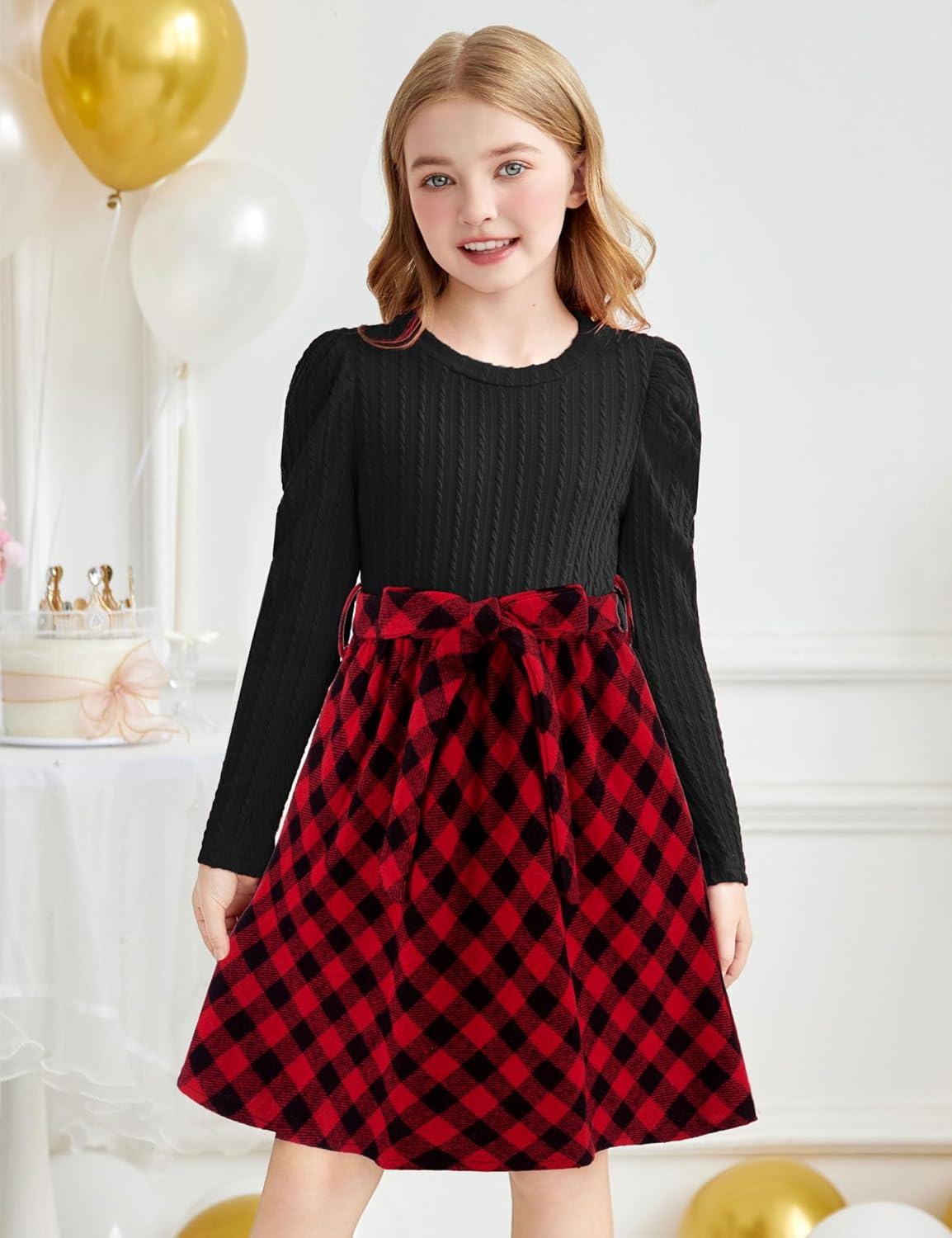 imageArshiner Girls Dresses Puff Long Sleeve Rib Knit Plaid Patchwork Belted Holiday Dress with PocketsBlack Red Plaid