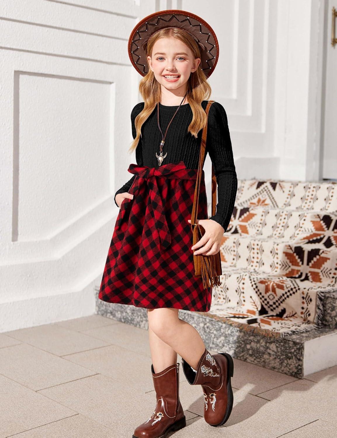 imageArshiner Girls Dresses Puff Long Sleeve Rib Knit Plaid Patchwork Belted Holiday Dress with PocketsBlack Red Plaid