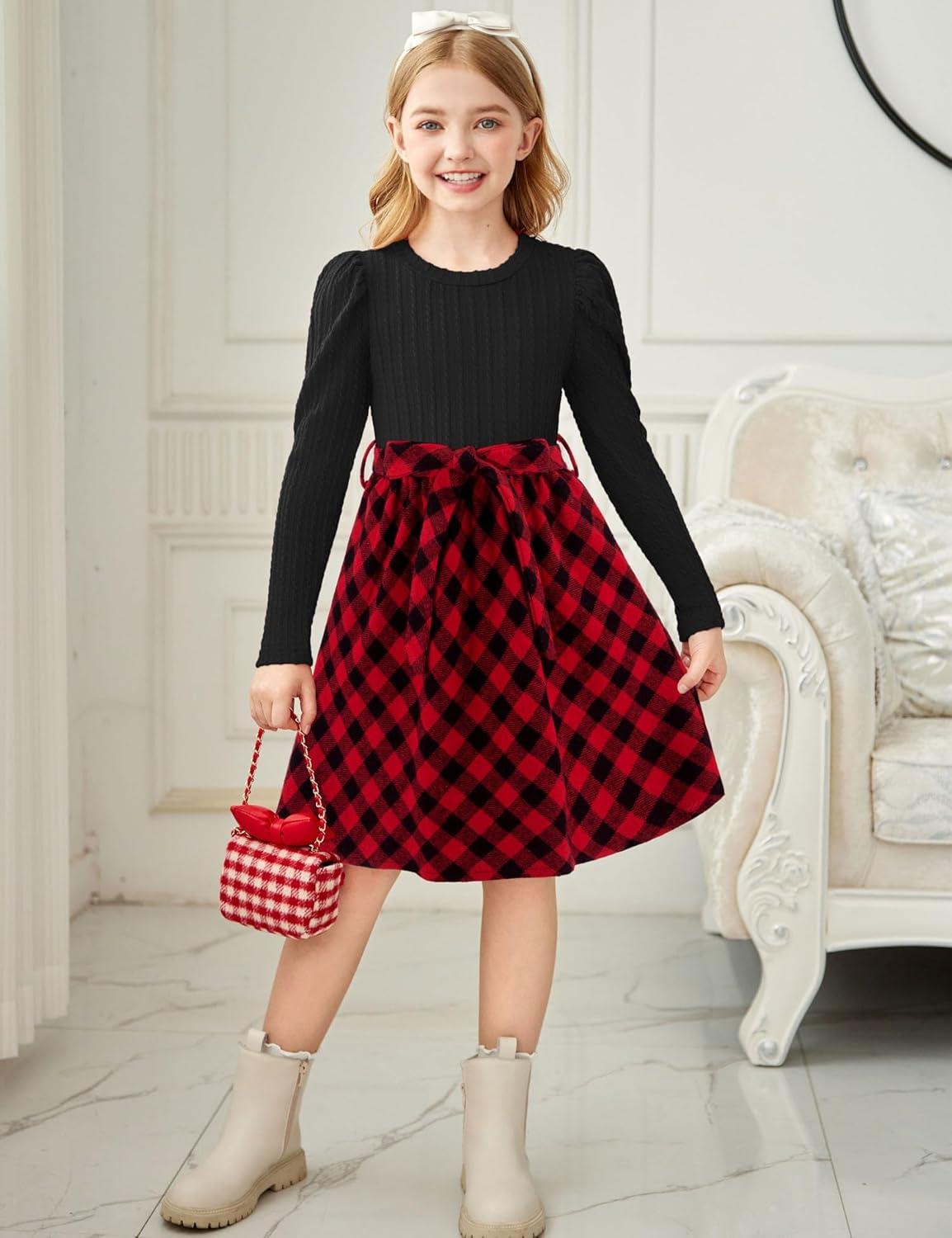 imageArshiner Girls Dresses Puff Long Sleeve Rib Knit Plaid Patchwork Belted Holiday Dress with PocketsBlack Red Plaid