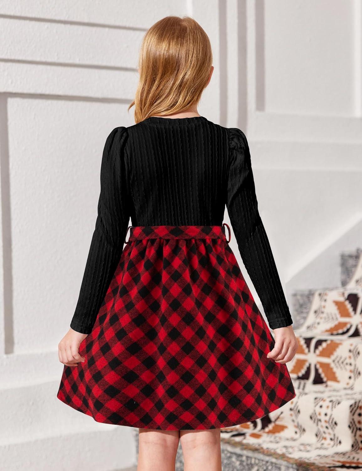 imageArshiner Girls Dresses Puff Long Sleeve Rib Knit Plaid Patchwork Belted Holiday Dress with PocketsBlack Red Plaid