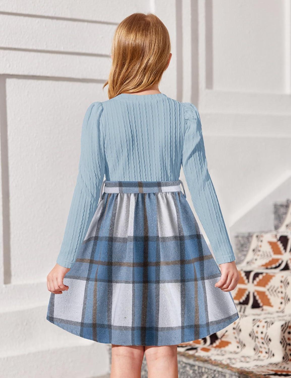 imageArshiner Girls Dresses Puff Long Sleeve Rib Knit Plaid Patchwork Belted Holiday Dress with PocketsBlue Plaid
