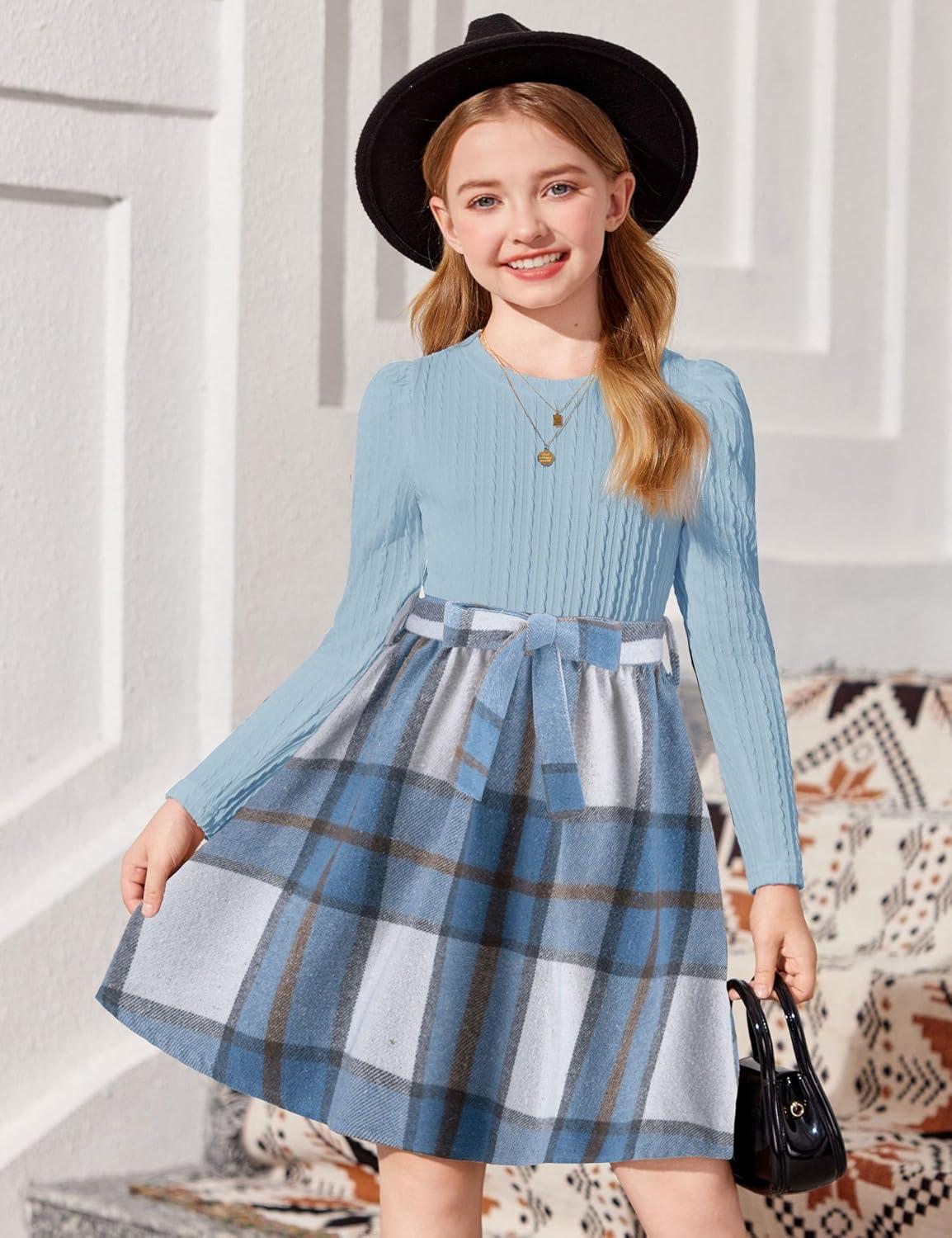 imageArshiner Girls Dresses Puff Long Sleeve Rib Knit Plaid Patchwork Belted Holiday Dress with PocketsBlue Plaid