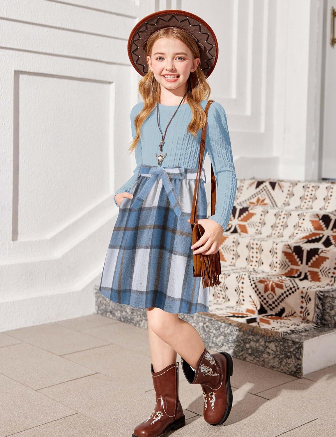 imageArshiner Girls Dresses Puff Long Sleeve Rib Knit Plaid Patchwork Belted Holiday Dress with PocketsBlue Plaid