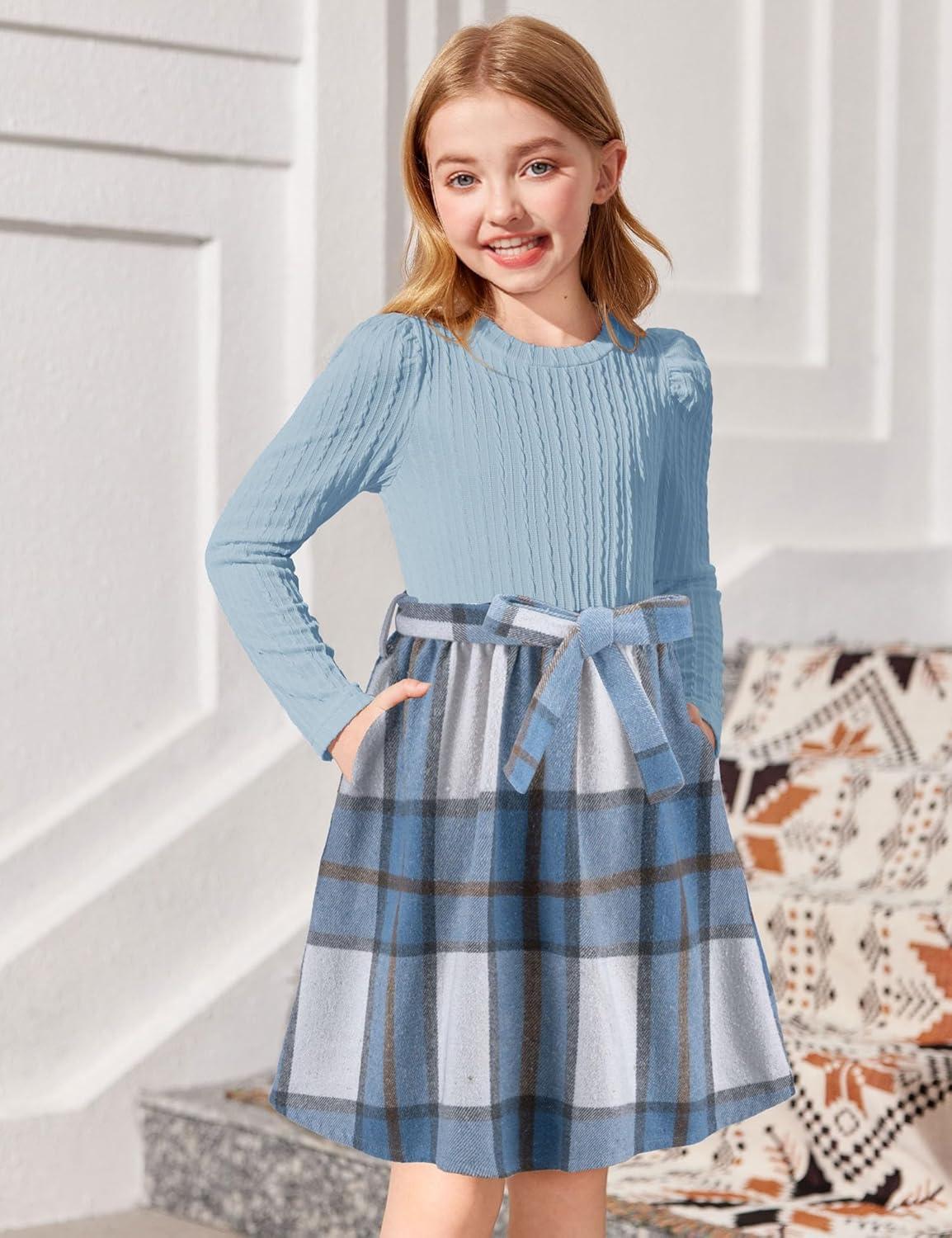 imageArshiner Girls Dresses Puff Long Sleeve Rib Knit Plaid Patchwork Belted Holiday Dress with PocketsBlue Plaid