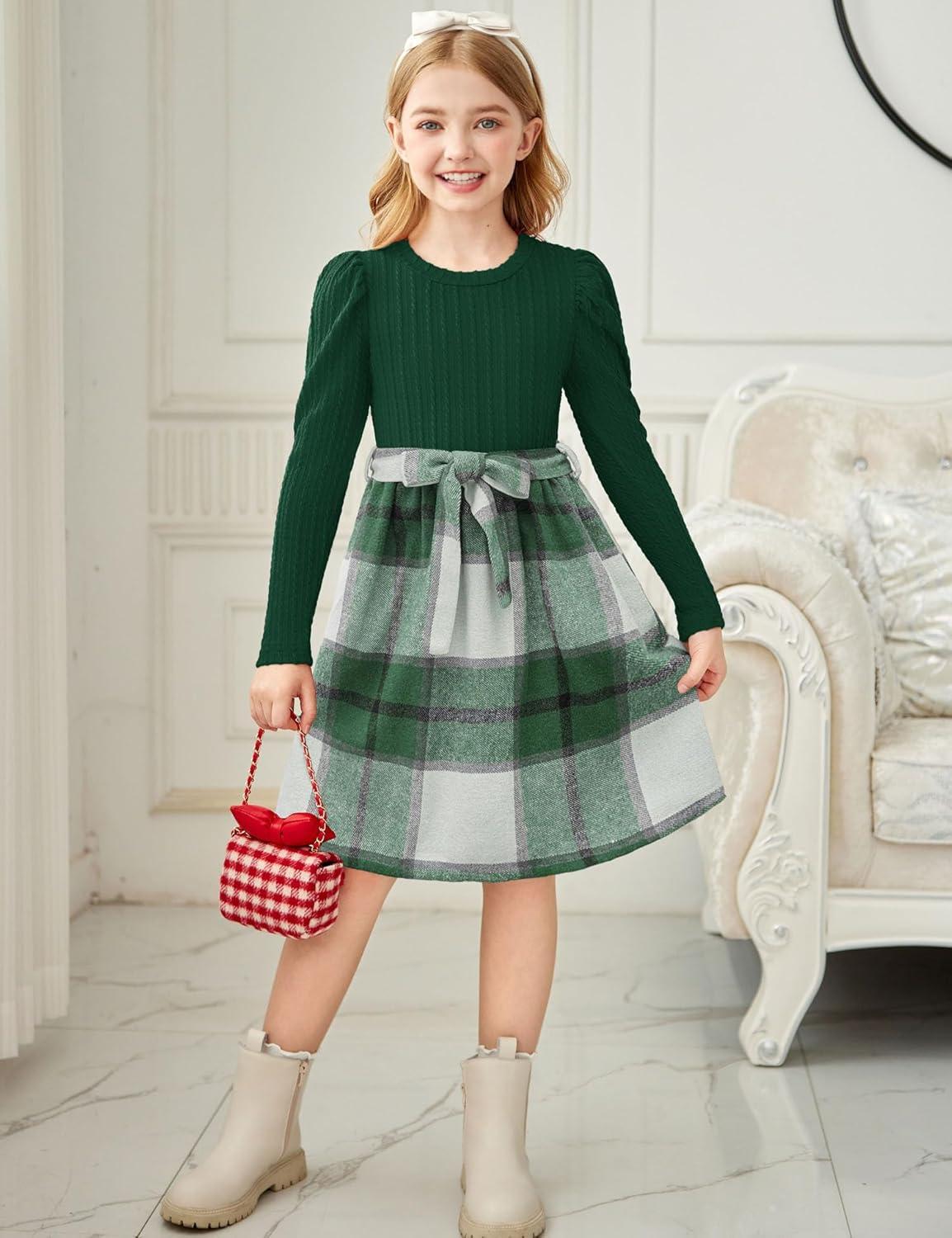 imageArshiner Girls Dresses Puff Long Sleeve Rib Knit Plaid Patchwork Belted Holiday Dress with PocketsGreen Plaid