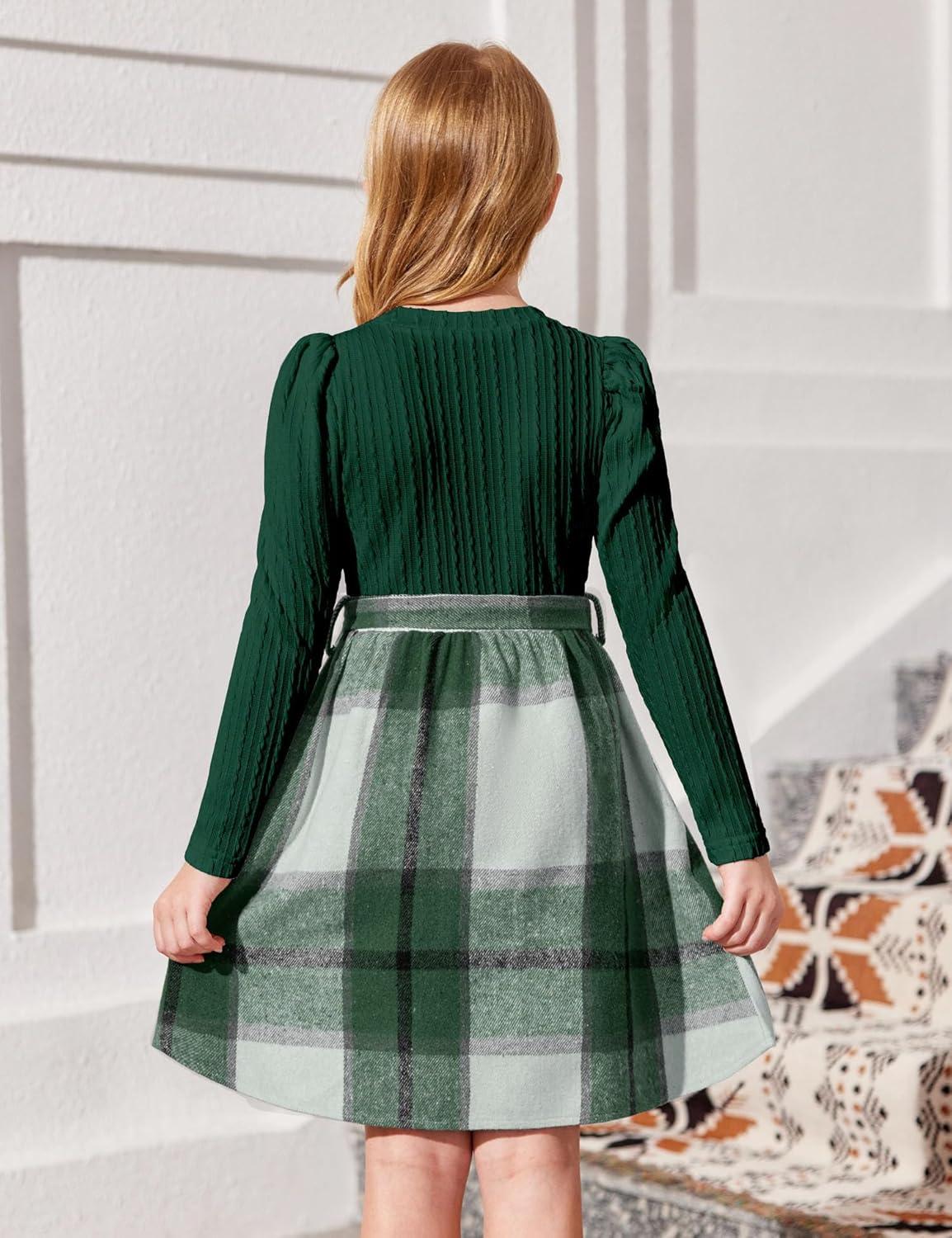 imageArshiner Girls Dresses Puff Long Sleeve Rib Knit Plaid Patchwork Belted Holiday Dress with PocketsGreen Plaid