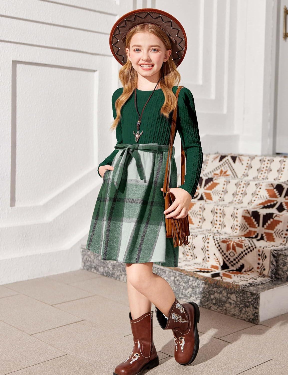 imageArshiner Girls Dresses Puff Long Sleeve Rib Knit Plaid Patchwork Belted Holiday Dress with PocketsGreen Plaid