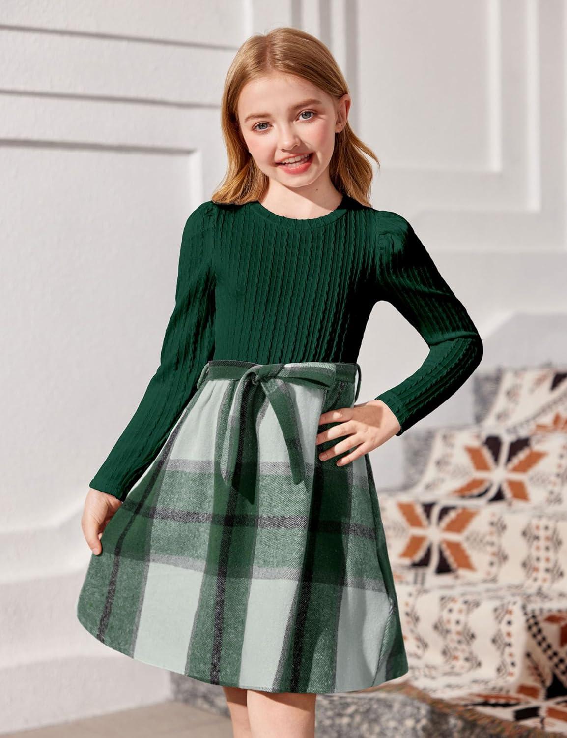 imageArshiner Girls Dresses Puff Long Sleeve Rib Knit Plaid Patchwork Belted Holiday Dress with PocketsGreen Plaid