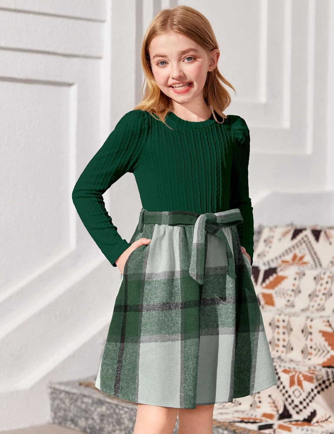 imageArshiner Girls Dresses Puff Long Sleeve Rib Knit Plaid Patchwork Belted Holiday Dress with PocketsGreen Plaid