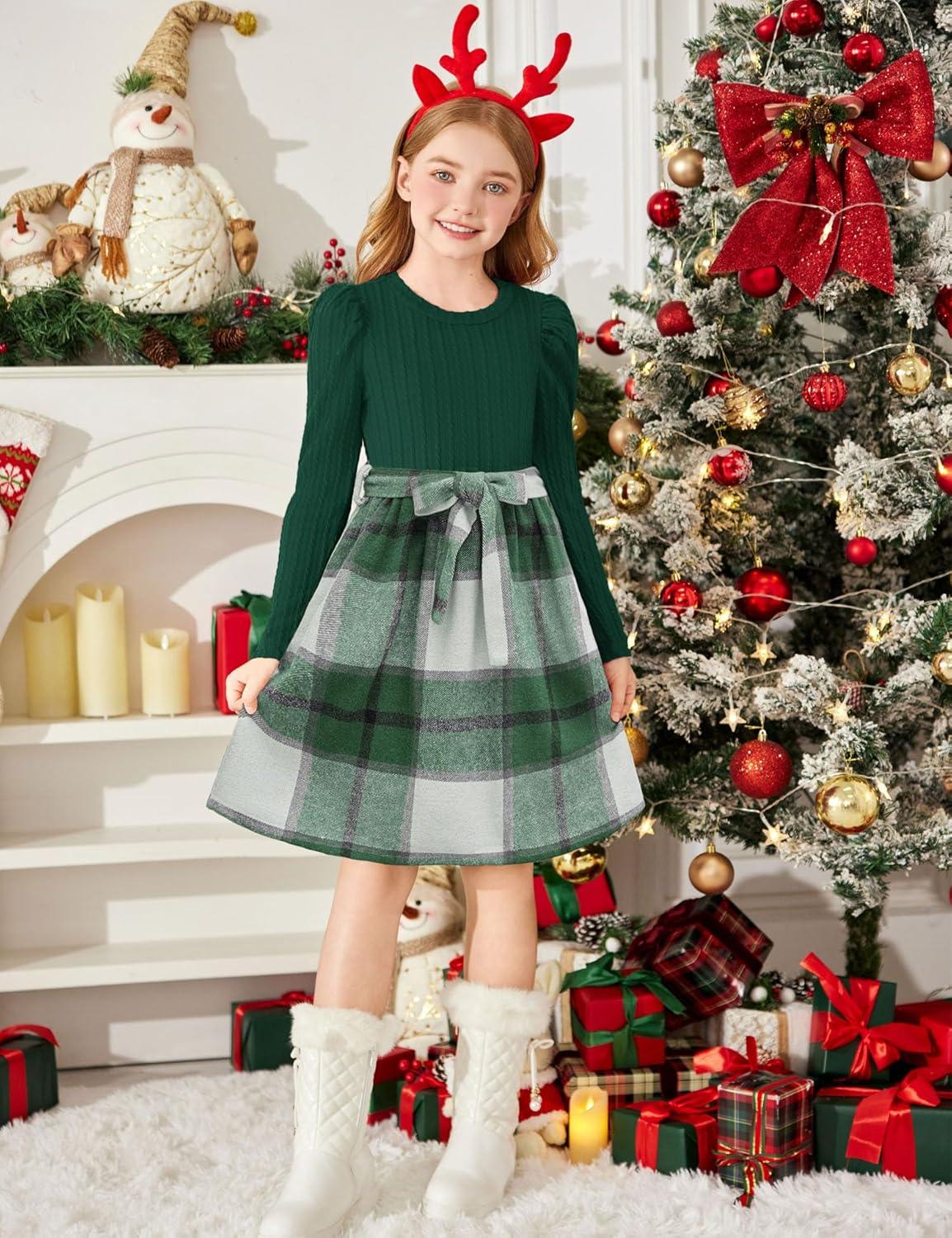 imageArshiner Girls Dresses Puff Long Sleeve Rib Knit Plaid Patchwork Belted Holiday Dress with PocketsGreen Plaid