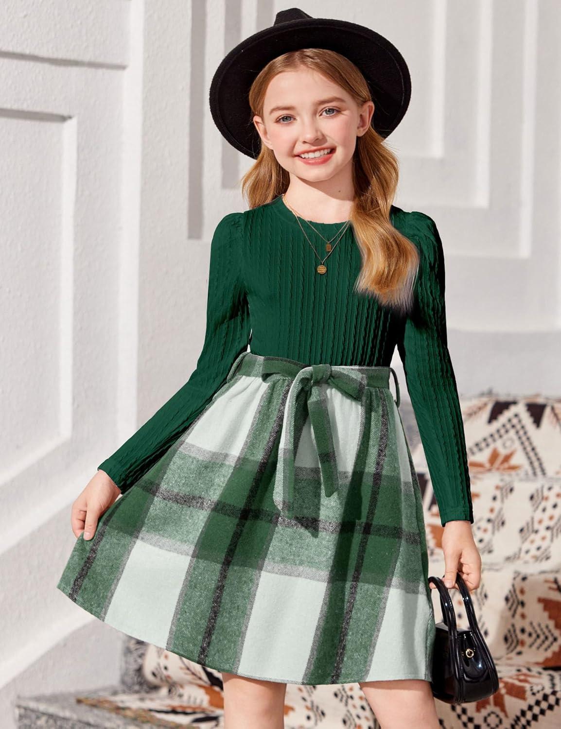 imageArshiner Girls Dresses Puff Long Sleeve Rib Knit Plaid Patchwork Belted Holiday Dress with PocketsGreen Plaid