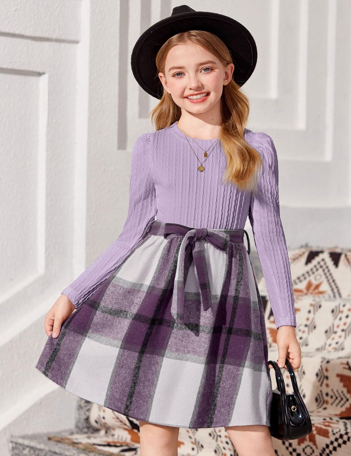 imageArshiner Girls Dresses Puff Long Sleeve Rib Knit Plaid Patchwork Belted Holiday Dress with PocketsLavender Plaid