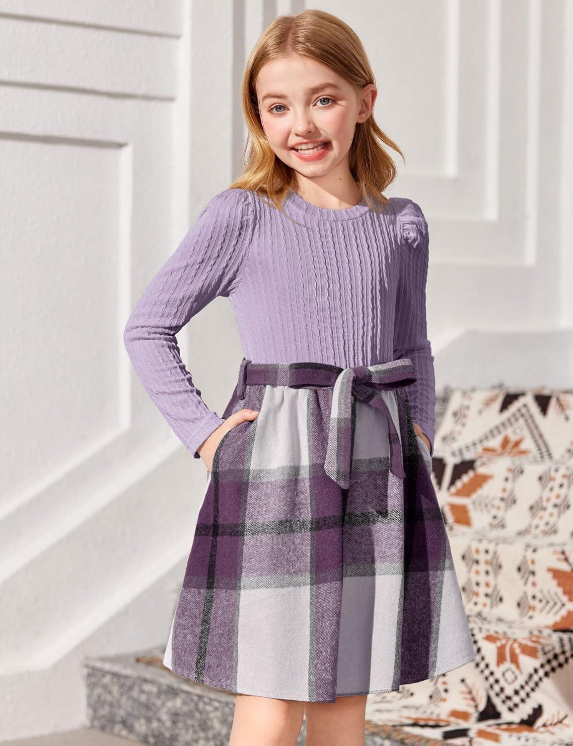 imageArshiner Girls Dresses Puff Long Sleeve Rib Knit Plaid Patchwork Belted Holiday Dress with PocketsLavender Plaid