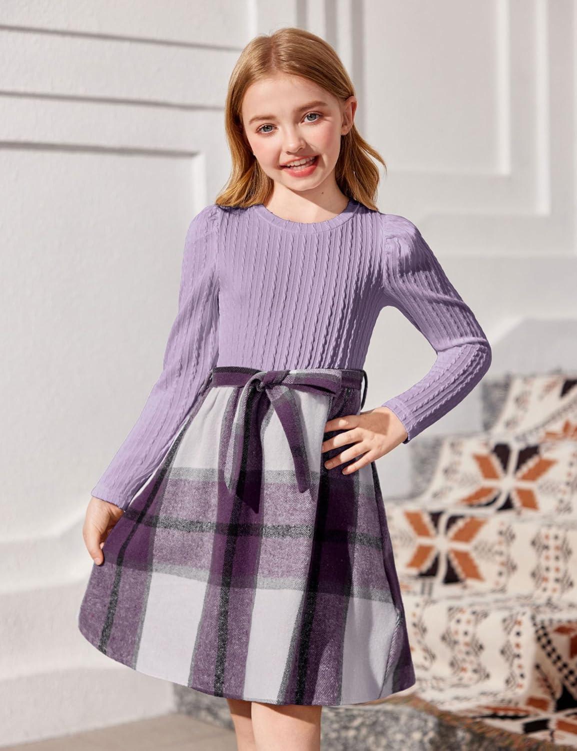 imageArshiner Girls Dresses Puff Long Sleeve Rib Knit Plaid Patchwork Belted Holiday Dress with PocketsLavender Plaid