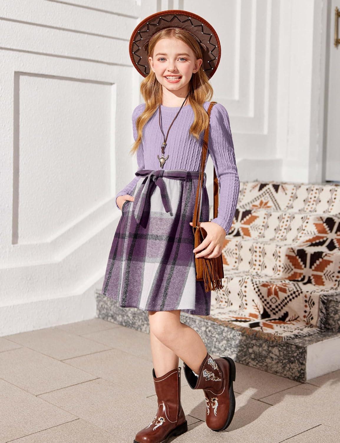 imageArshiner Girls Dresses Puff Long Sleeve Rib Knit Plaid Patchwork Belted Holiday Dress with PocketsLavender Plaid