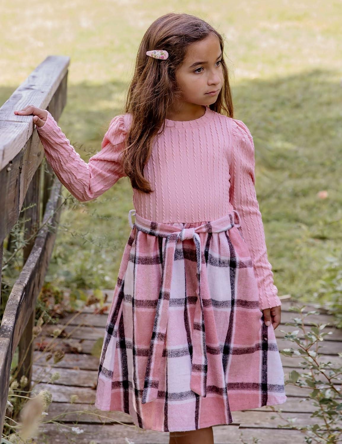 imageArshiner Girls Dresses Puff Long Sleeve Rib Knit Plaid Patchwork Belted Holiday Dress with PocketsPink Plaid