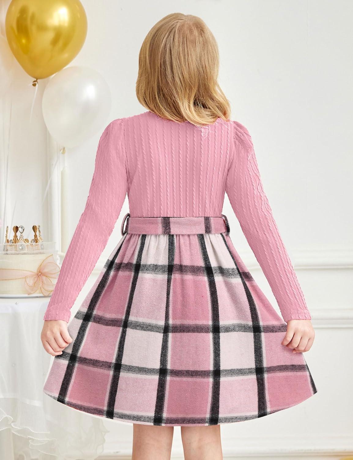 imageArshiner Girls Dresses Puff Long Sleeve Rib Knit Plaid Patchwork Belted Holiday Dress with PocketsPink Plaid