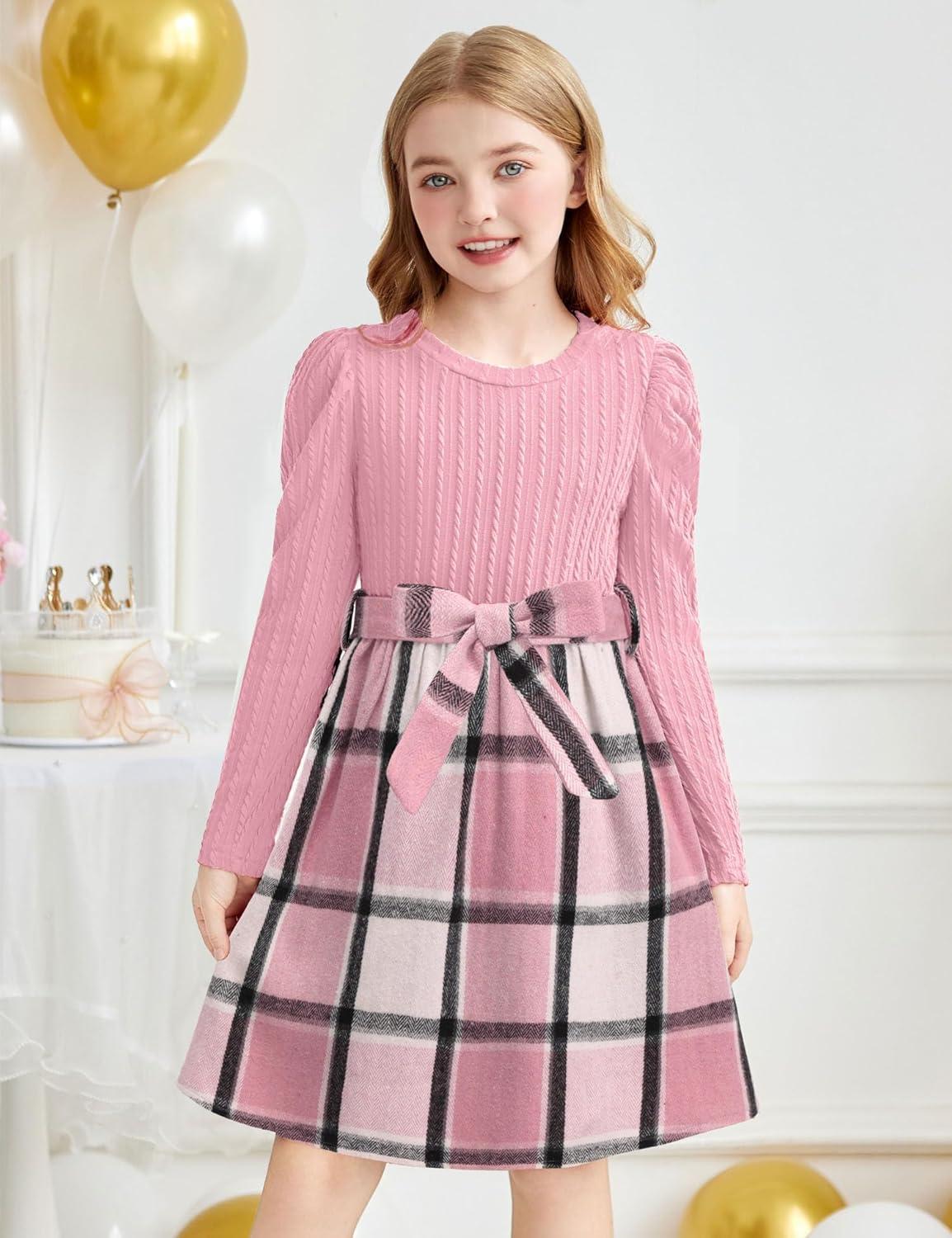 imageArshiner Girls Dresses Puff Long Sleeve Rib Knit Plaid Patchwork Belted Holiday Dress with PocketsPink Plaid