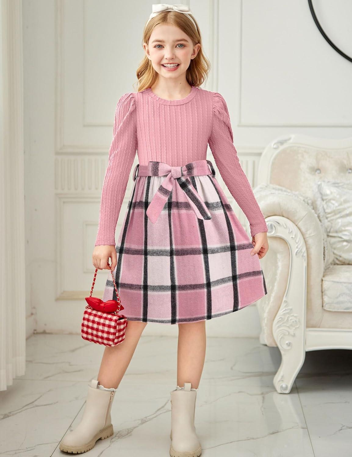imageArshiner Girls Dresses Puff Long Sleeve Rib Knit Plaid Patchwork Belted Holiday Dress with PocketsPink Plaid