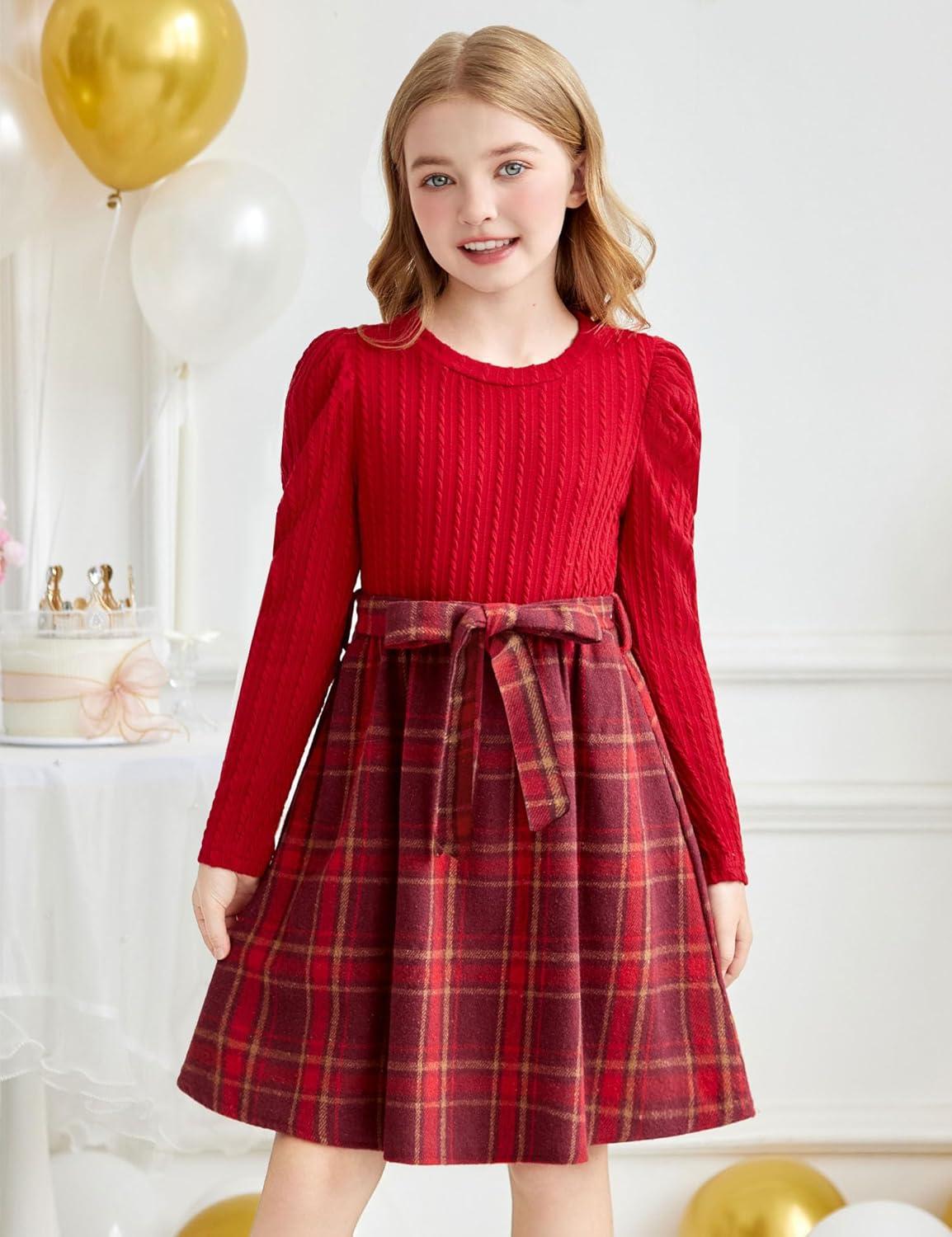 imageArshiner Girls Dresses Puff Long Sleeve Rib Knit Plaid Patchwork Belted Holiday Dress with PocketsRed Plaid