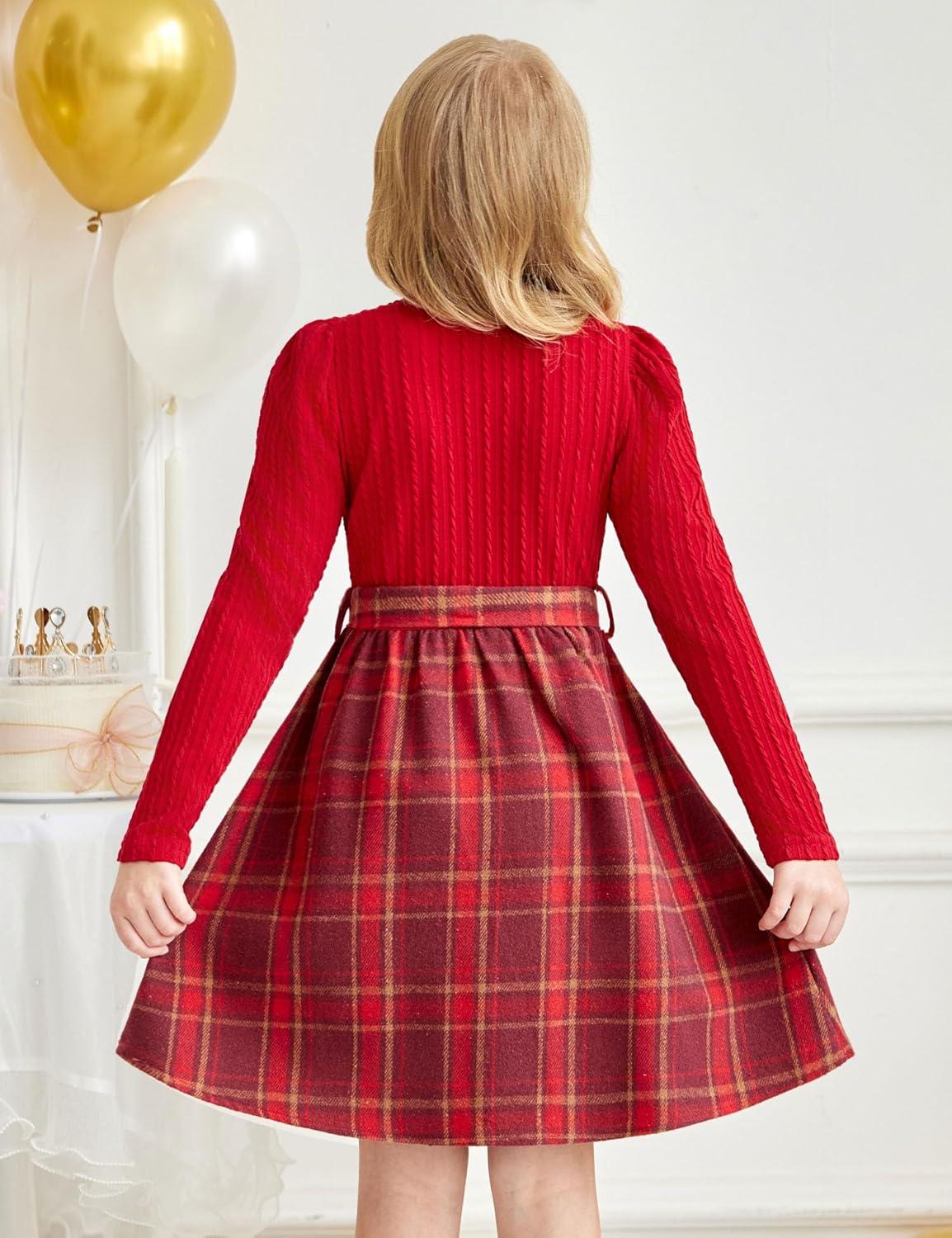 imageArshiner Girls Dresses Puff Long Sleeve Rib Knit Plaid Patchwork Belted Holiday Dress with PocketsRed Plaid