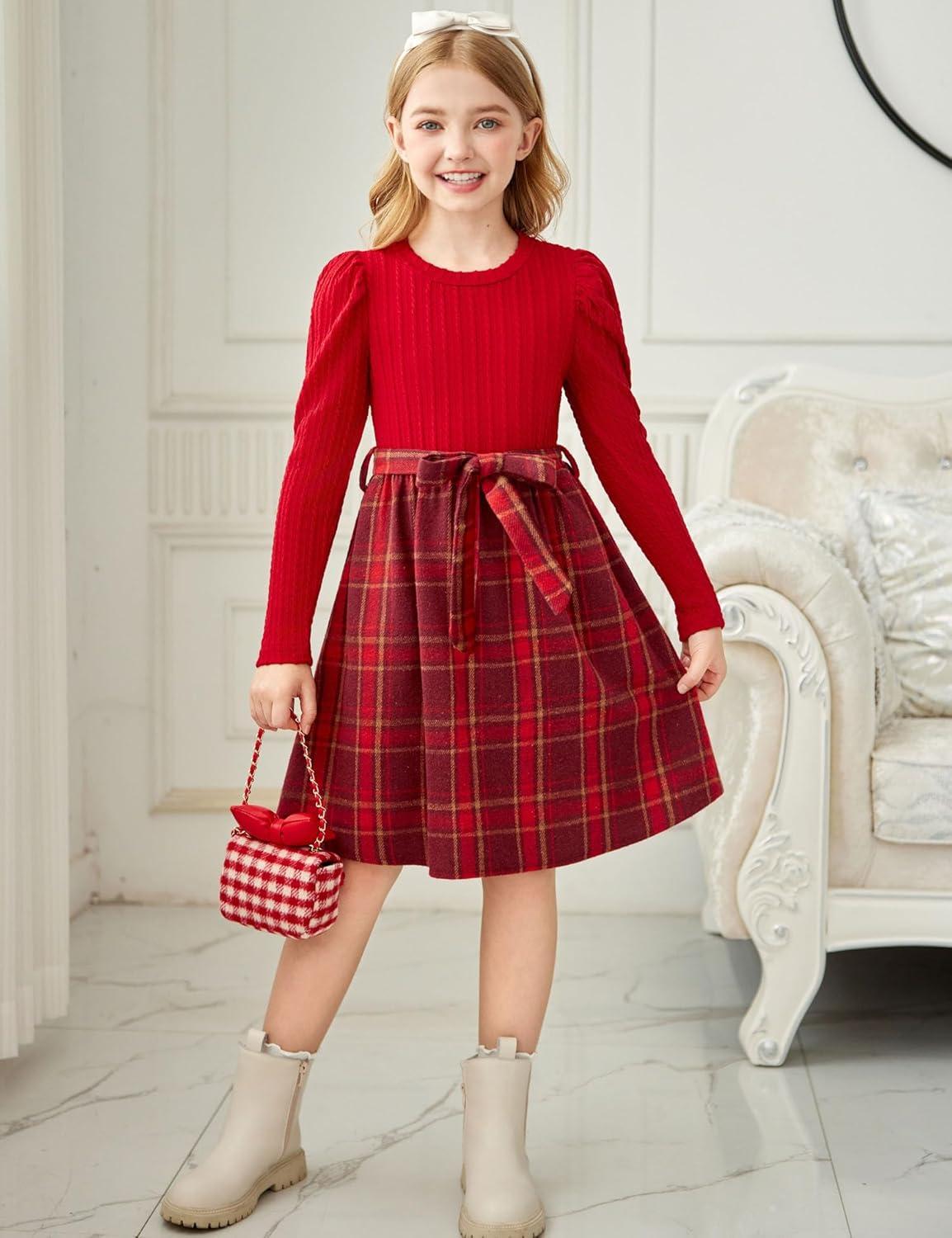 imageArshiner Girls Dresses Puff Long Sleeve Rib Knit Plaid Patchwork Belted Holiday Dress with PocketsRed Plaid