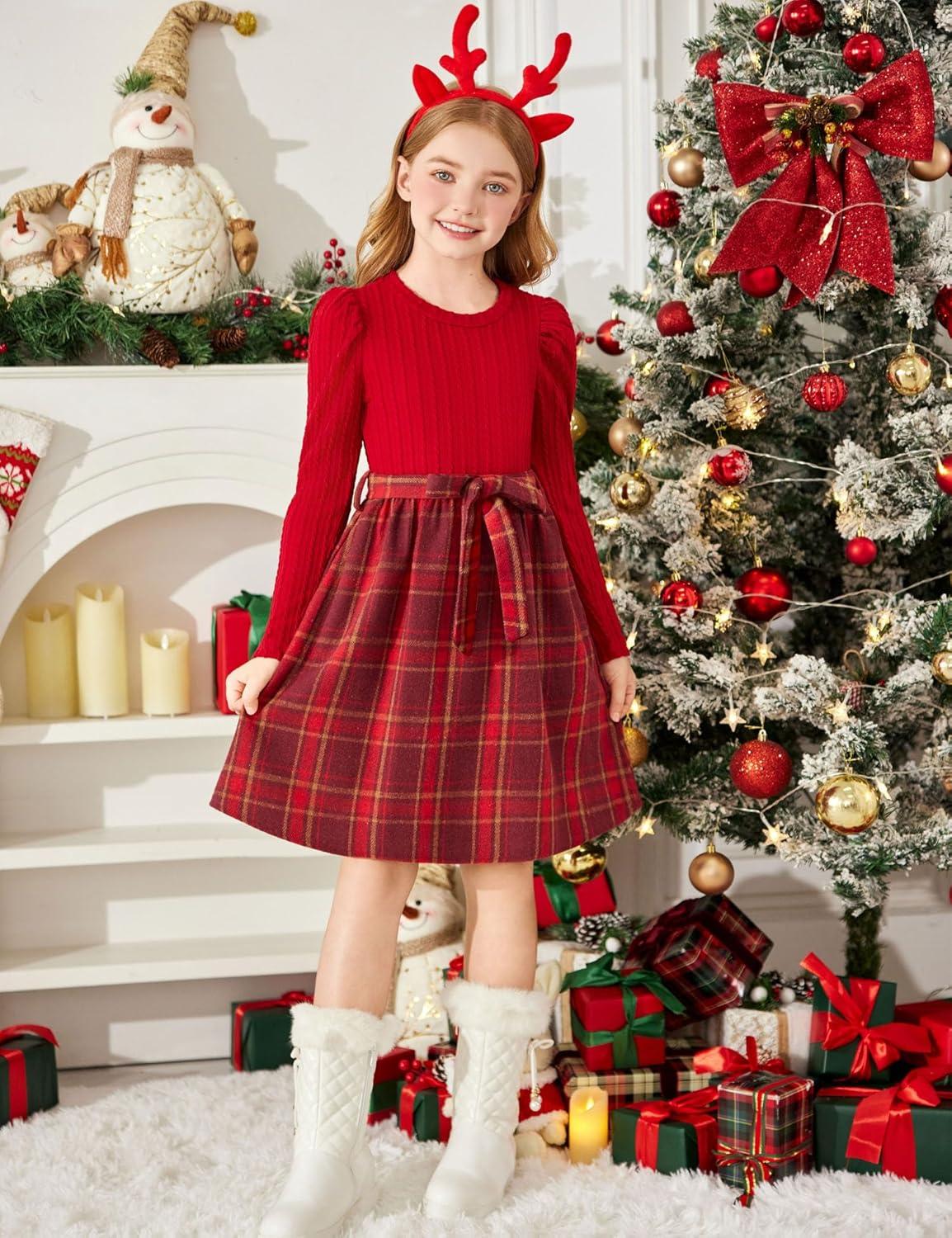 imageArshiner Girls Dresses Puff Long Sleeve Rib Knit Plaid Patchwork Belted Holiday Dress with PocketsRed Plaid