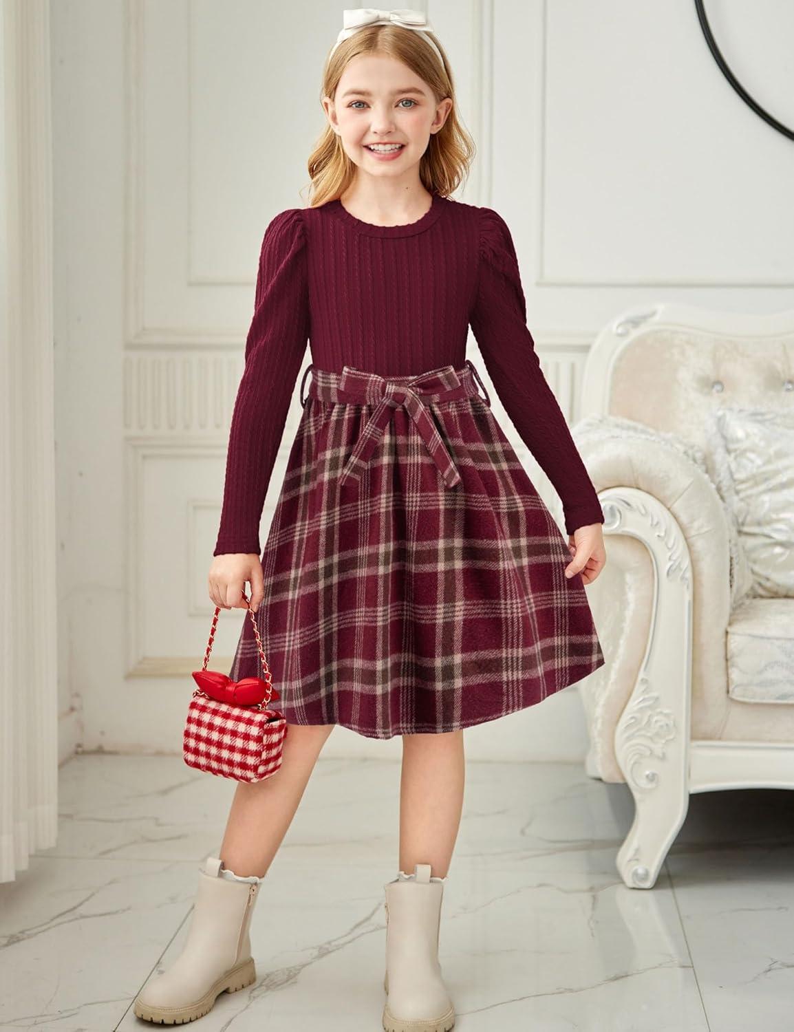 imageArshiner Girls Dresses Puff Long Sleeve Rib Knit Plaid Patchwork Belted Holiday Dress with PocketsRed Wine Plaid