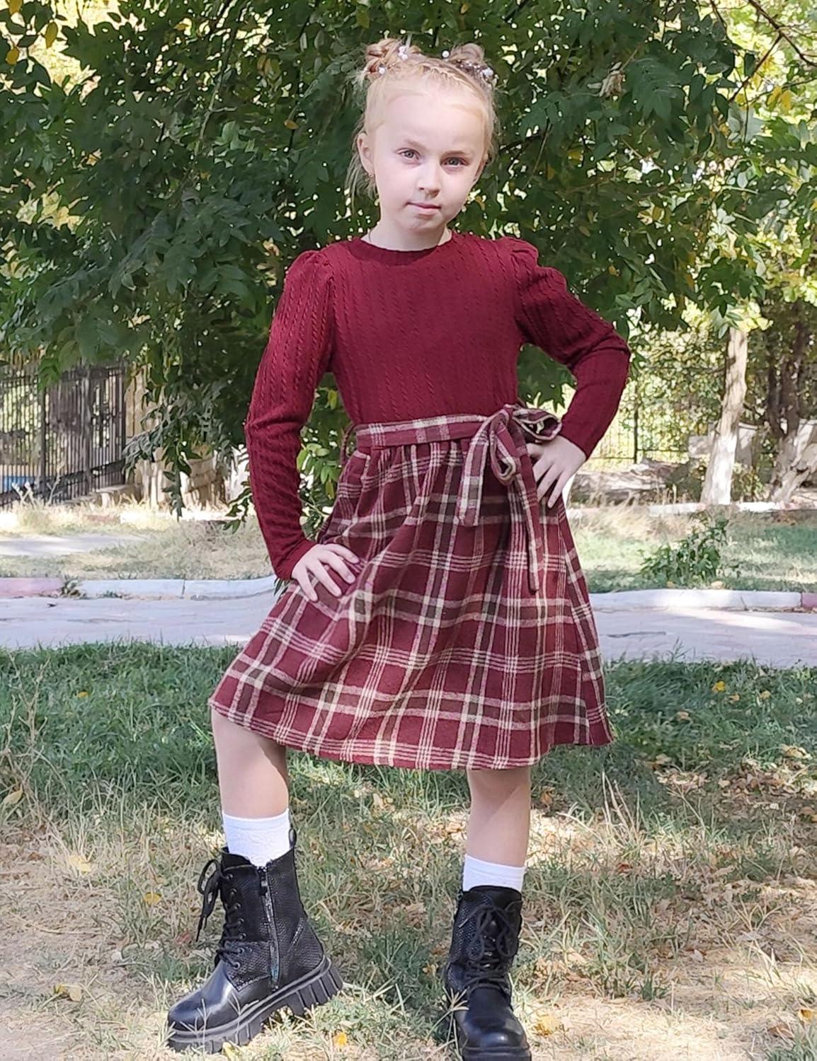 imageArshiner Girls Dresses Puff Long Sleeve Rib Knit Plaid Patchwork Belted Holiday Dress with PocketsRed Wine Plaid