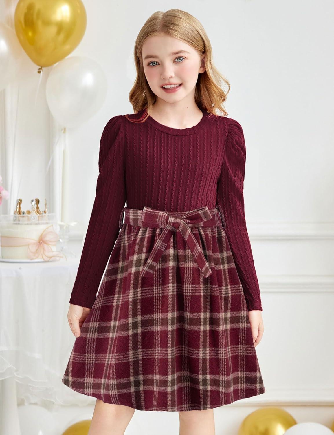 imageArshiner Girls Dresses Puff Long Sleeve Rib Knit Plaid Patchwork Belted Holiday Dress with PocketsRed Wine Plaid