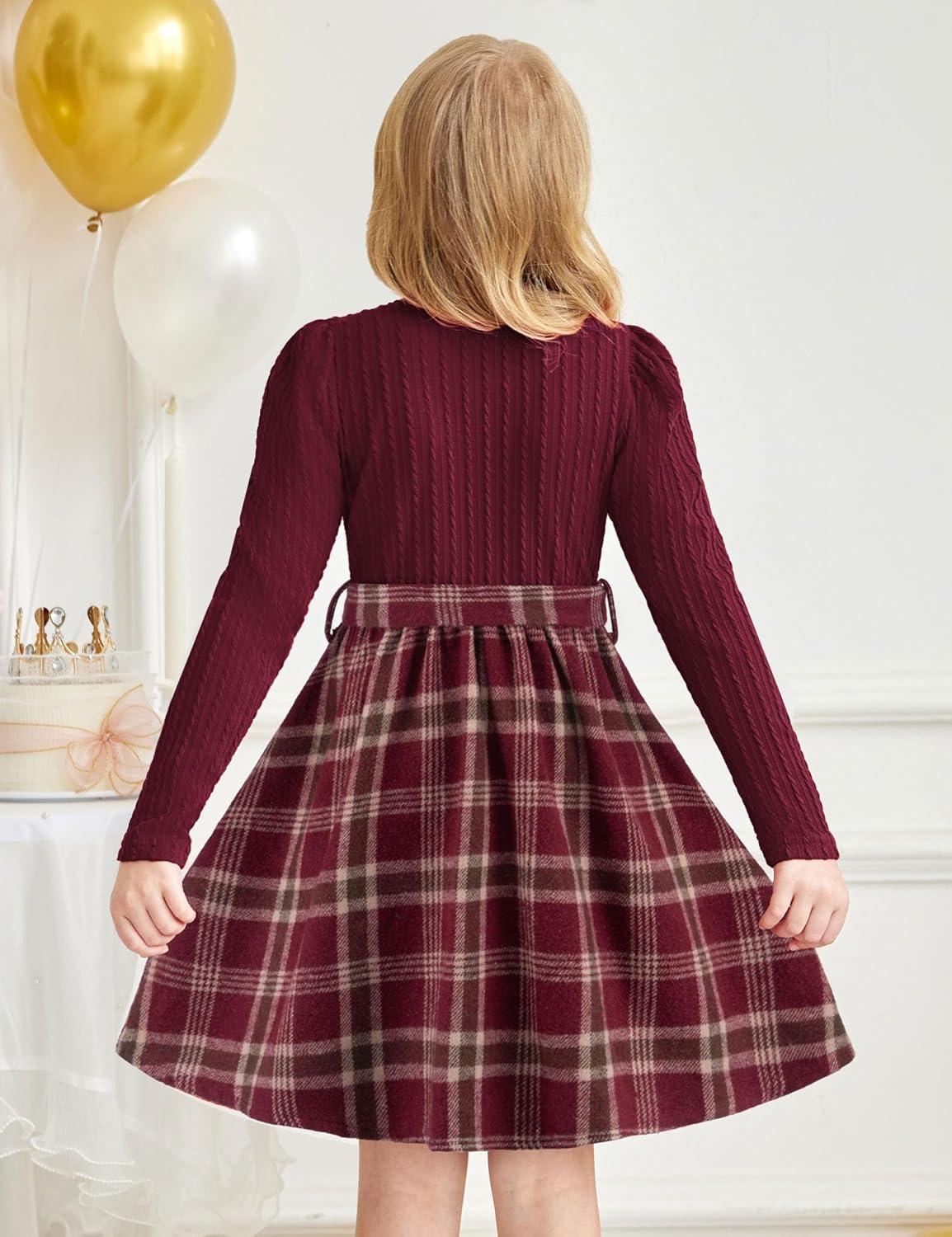 imageArshiner Girls Dresses Puff Long Sleeve Rib Knit Plaid Patchwork Belted Holiday Dress with PocketsRed Wine Plaid