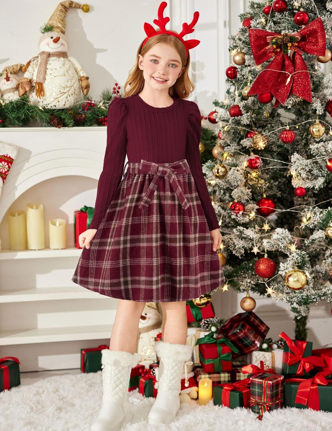 imageArshiner Girls Dresses Puff Long Sleeve Rib Knit Plaid Patchwork Belted Holiday Dress with PocketsRed Wine Plaid