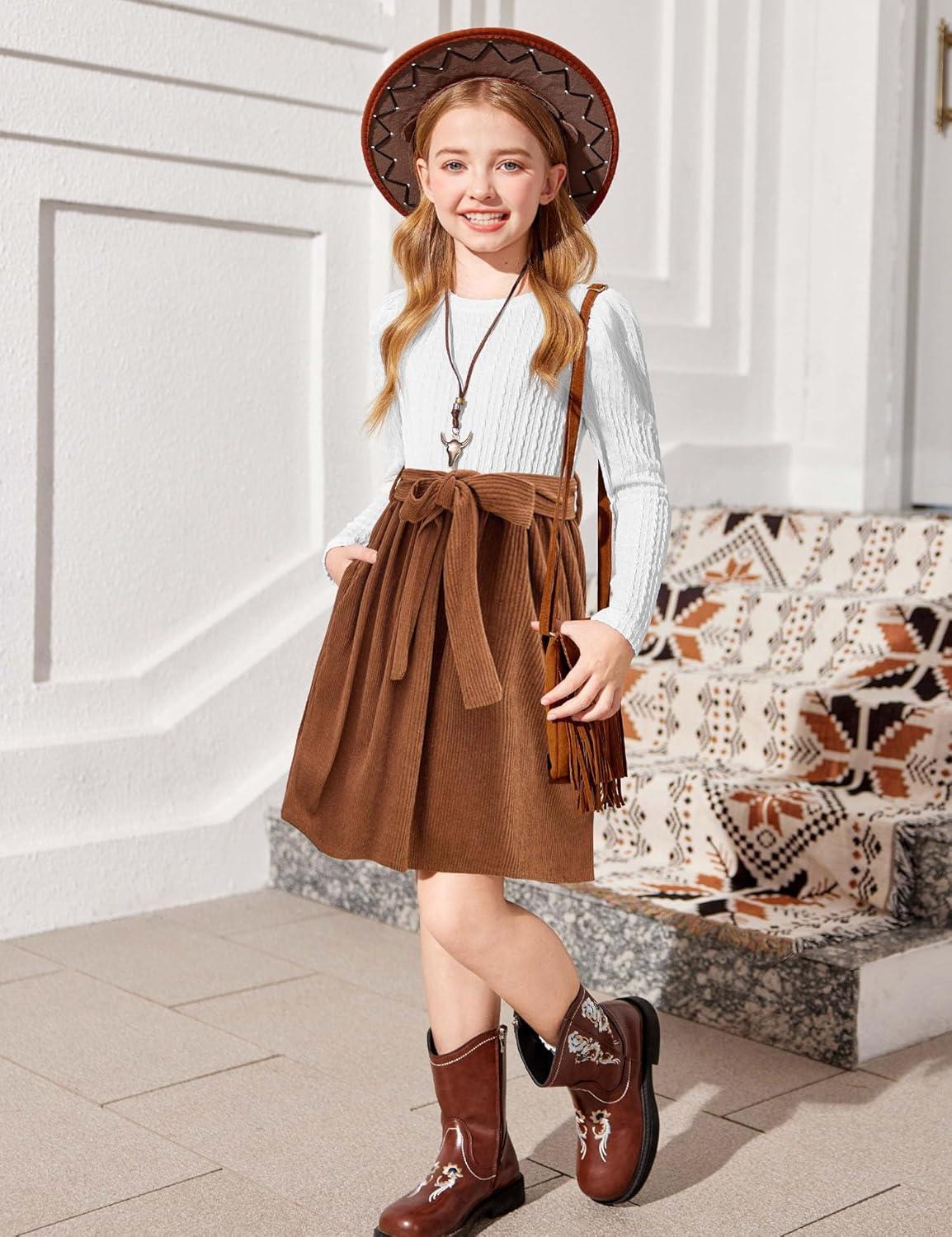 imageArshiner Girls Dresses Puff Long Sleeve Rib Knit Plaid Patchwork Belted Holiday Dress with PocketsWhite Brown Corduroy