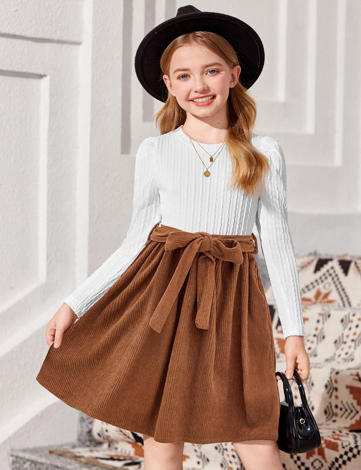 imageArshiner Girls Dresses Puff Long Sleeve Rib Knit Plaid Patchwork Belted Holiday Dress with PocketsWhite Brown Corduroy