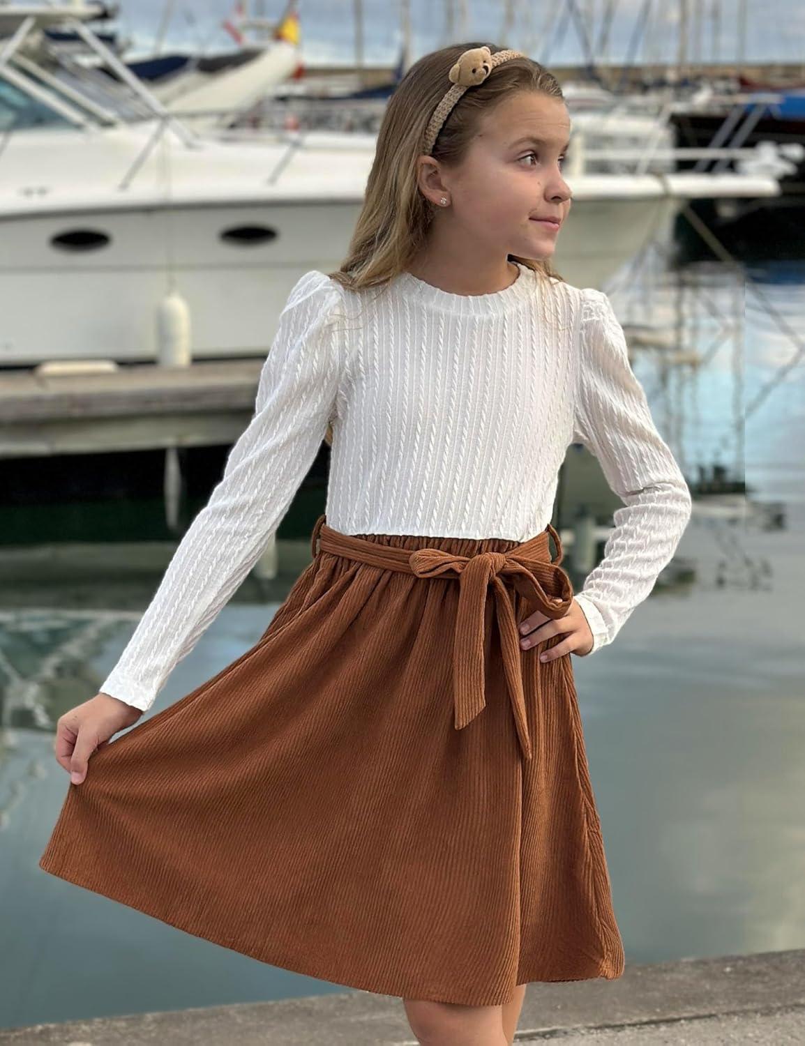 imageArshiner Girls Dresses Puff Long Sleeve Rib Knit Plaid Patchwork Belted Holiday Dress with PocketsWhite Brown Corduroy