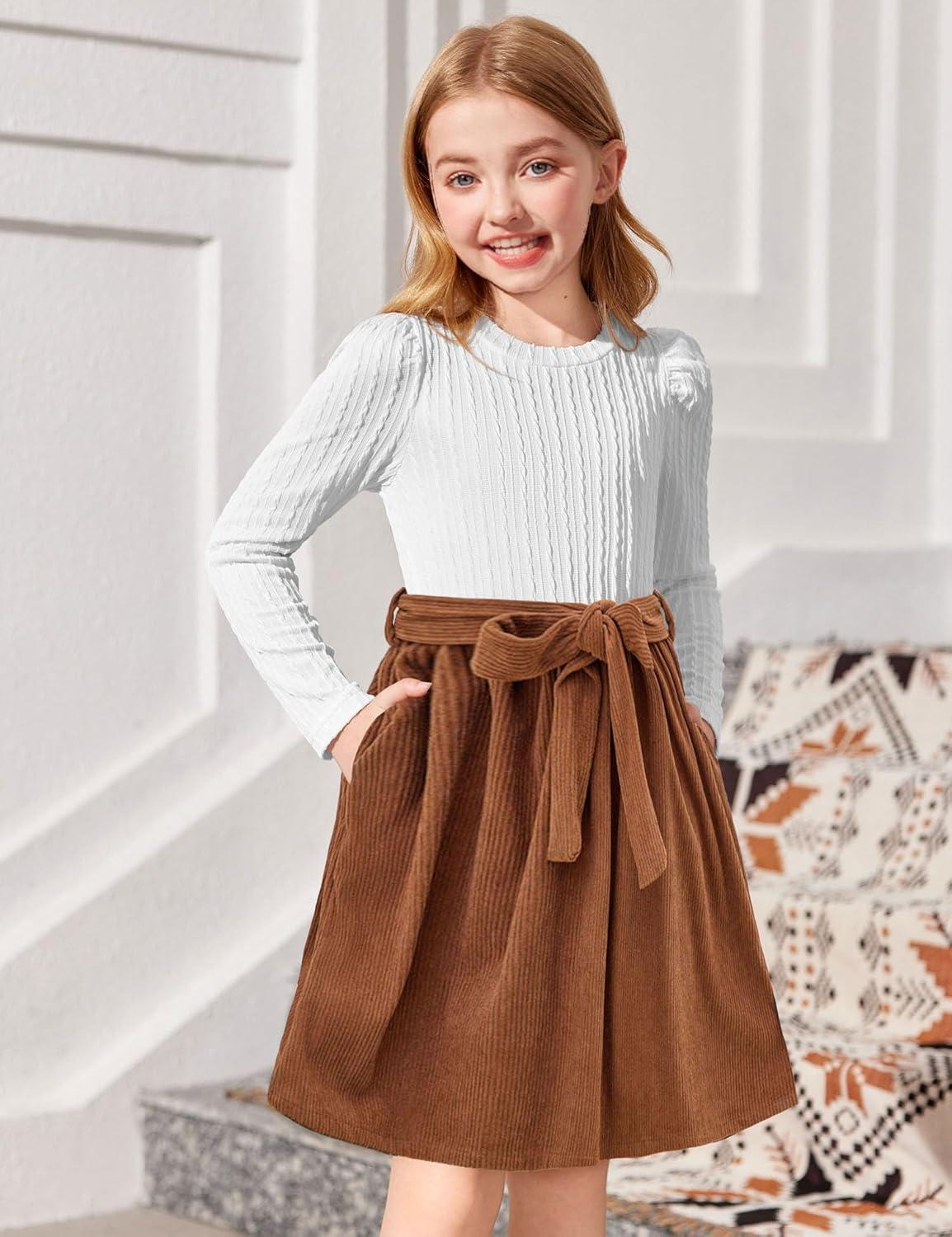 imageArshiner Girls Dresses Puff Long Sleeve Rib Knit Plaid Patchwork Belted Holiday Dress with PocketsWhite Brown Corduroy