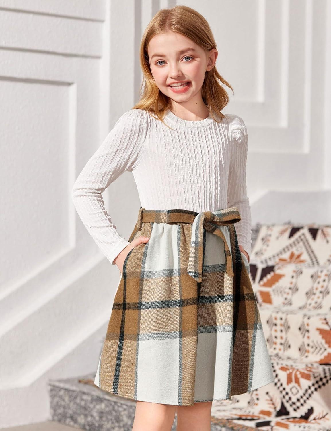 imageArshiner Girls Dresses Puff Long Sleeve Rib Knit Plaid Patchwork Belted Holiday Dress with PocketsWhite Brown Plaid