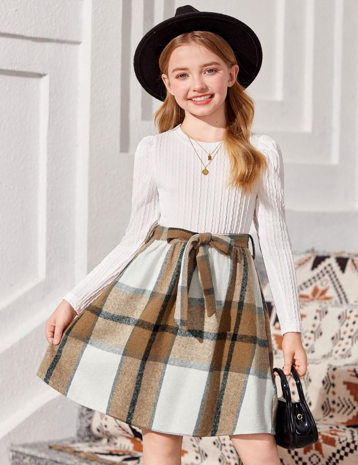 imageArshiner Girls Dresses Puff Long Sleeve Rib Knit Plaid Patchwork Belted Holiday Dress with PocketsWhite Brown Plaid