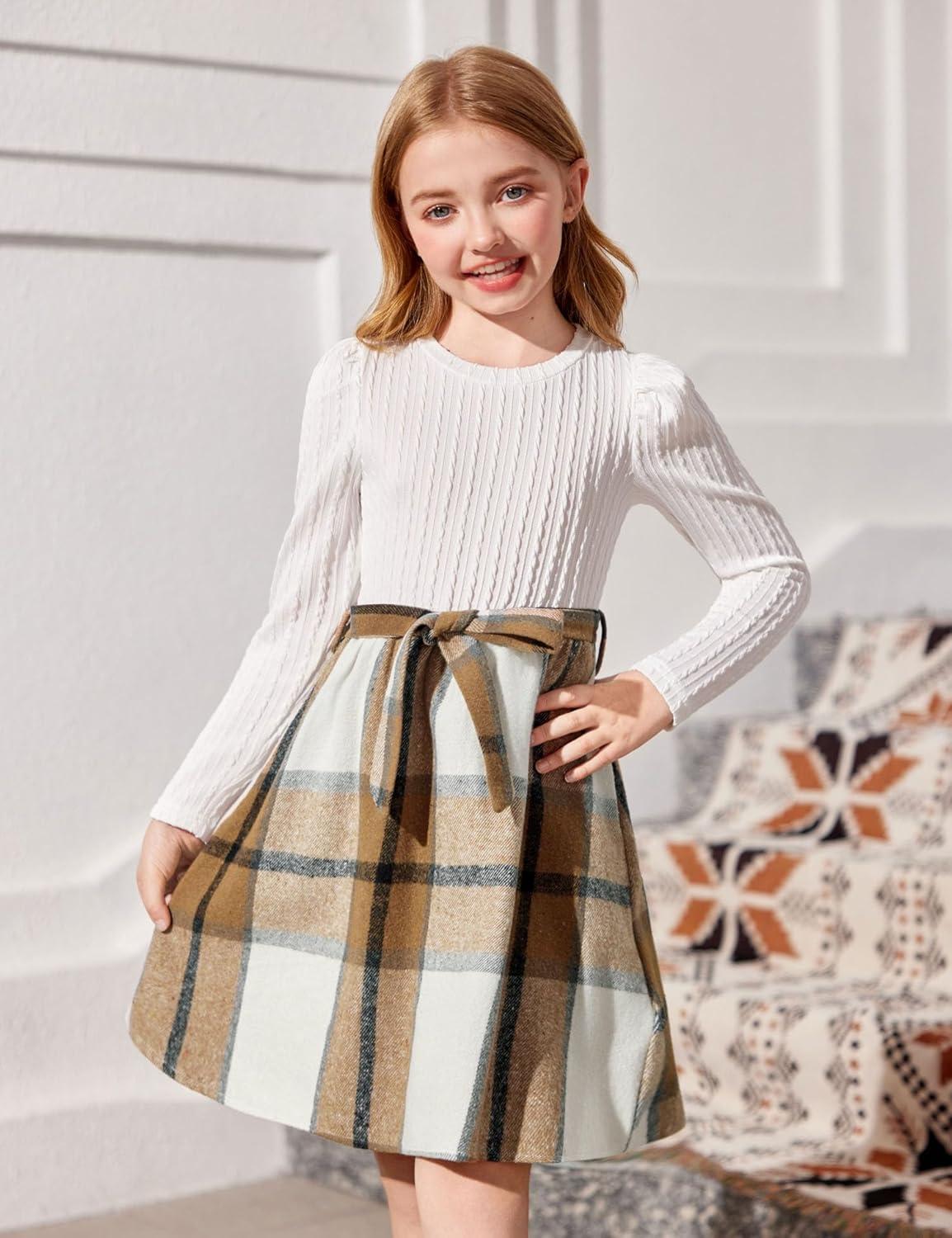 imageArshiner Girls Dresses Puff Long Sleeve Rib Knit Plaid Patchwork Belted Holiday Dress with PocketsWhite Brown Plaid