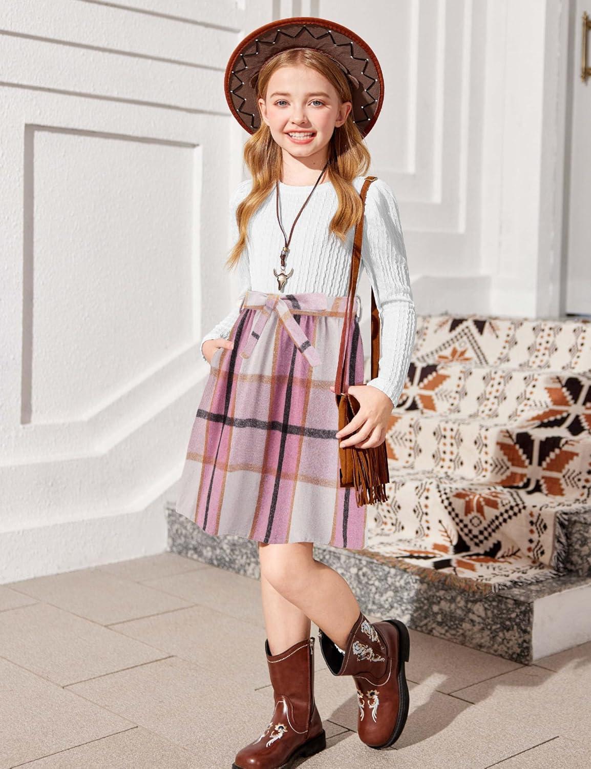 imageArshiner Girls Dresses Puff Long Sleeve Rib Knit Plaid Patchwork Belted Holiday Dress with PocketsWhite Pink Plaid