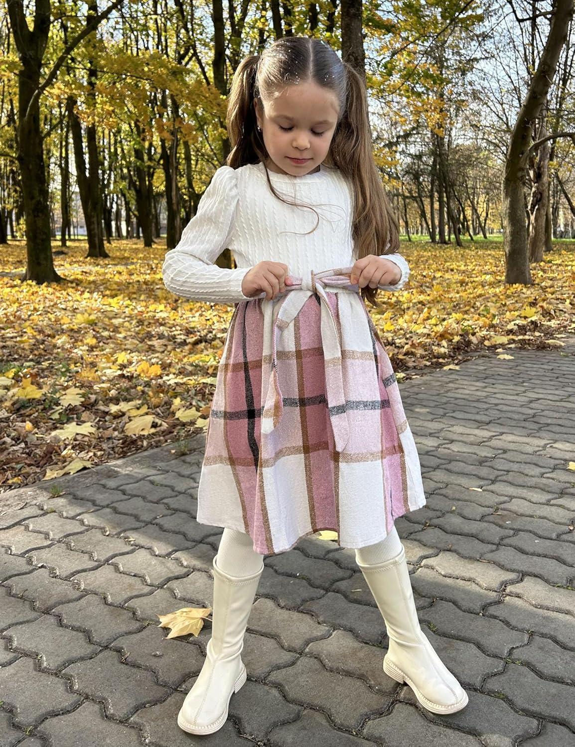 imageArshiner Girls Dresses Puff Long Sleeve Rib Knit Plaid Patchwork Belted Holiday Dress with PocketsWhite Pink Plaid