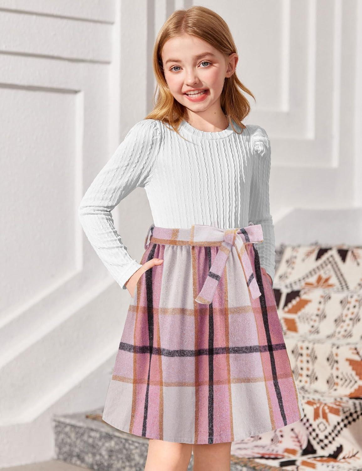 imageArshiner Girls Dresses Puff Long Sleeve Rib Knit Plaid Patchwork Belted Holiday Dress with PocketsWhite Pink Plaid